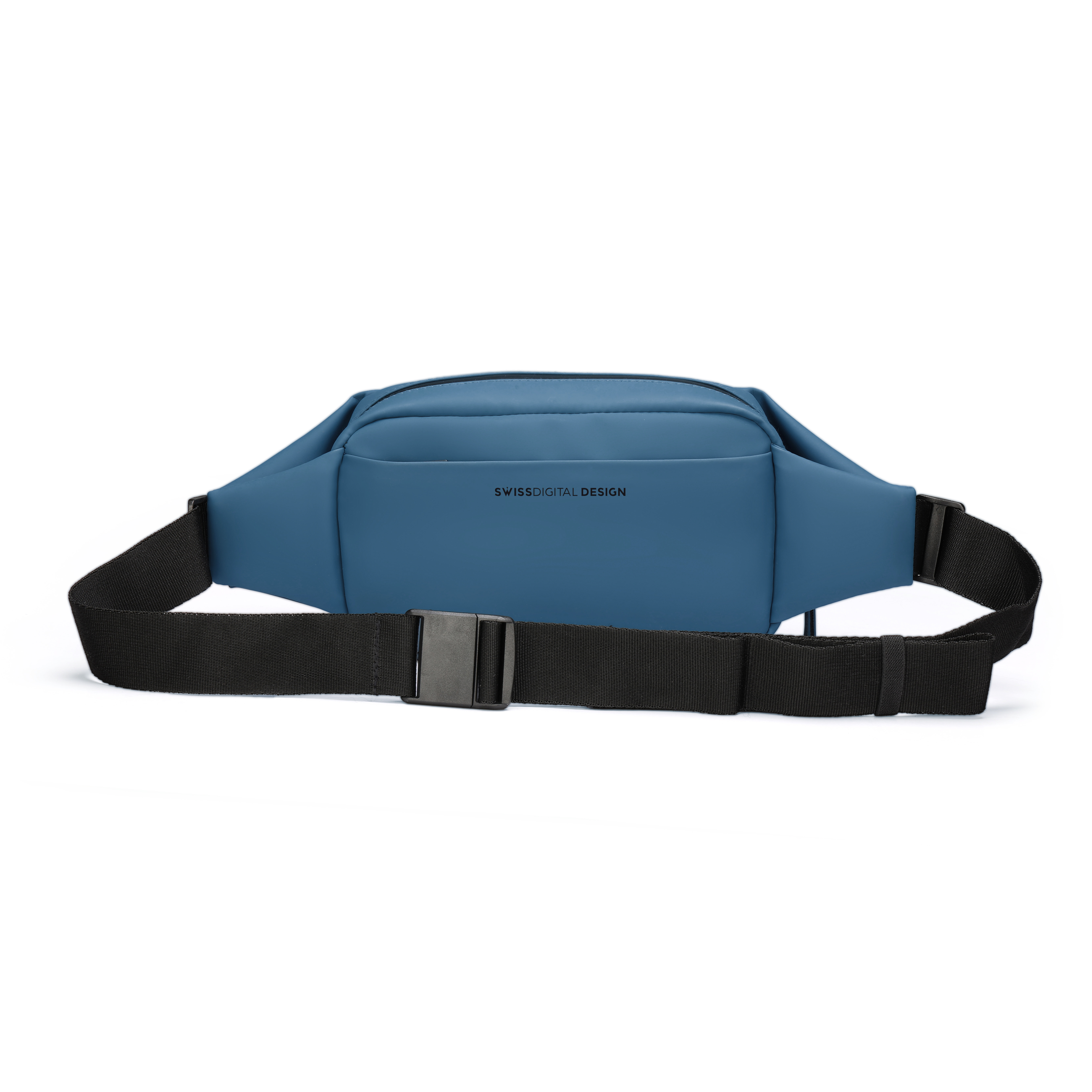 Marsupio blu con cinturino e fibbia neri, sfondo bianco. Testo 'SWISSDIGITAL DESIGN' visibile.