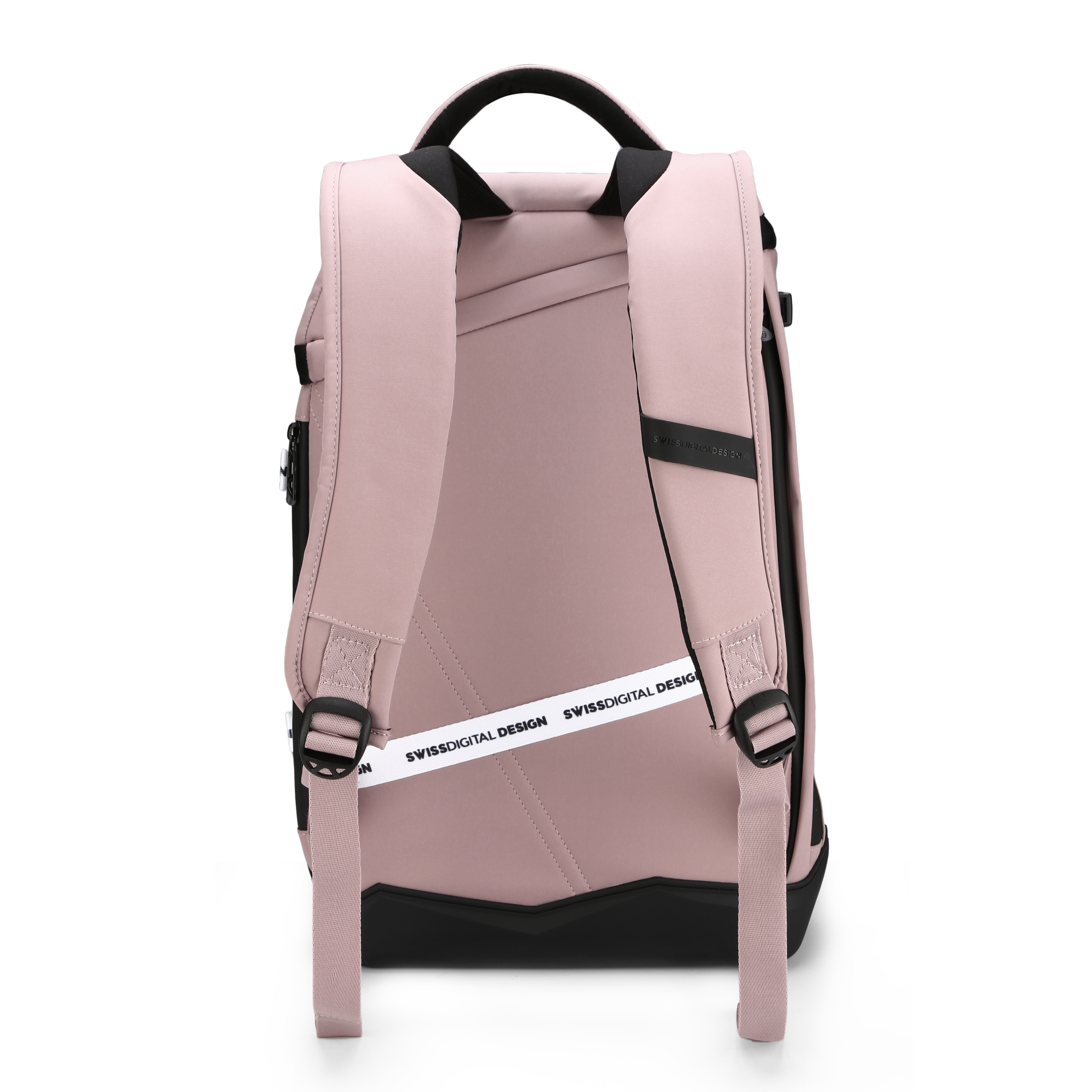 Uno zaino rosa con dettagli neri, cinghie bianche con la scritta SWISSDIGITAL DESIGN. Su sfondo bianco.