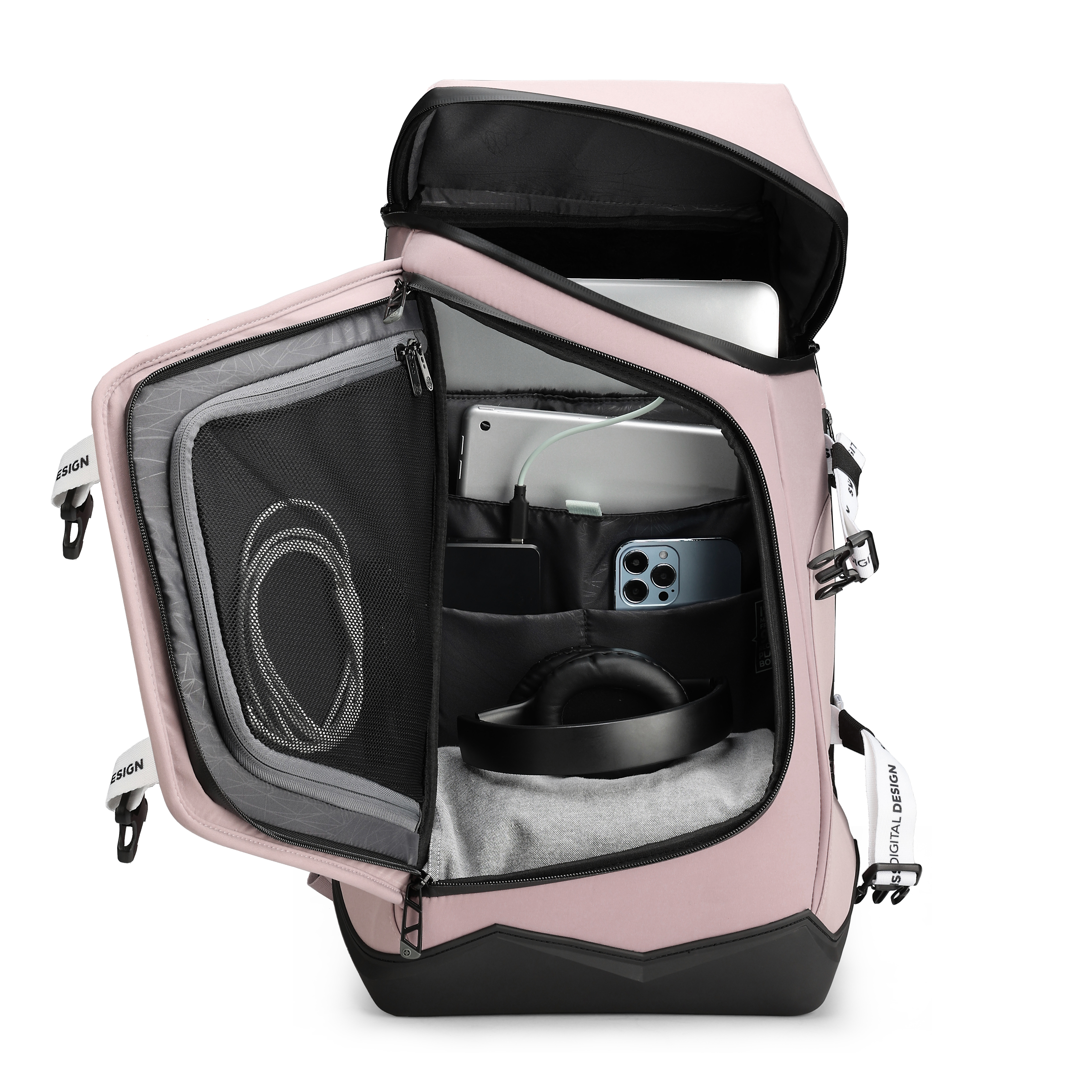 Zaino rosa, aperto per rivelare il contenuto. Include laptop, tablet, telefono, cuffie e cavi.