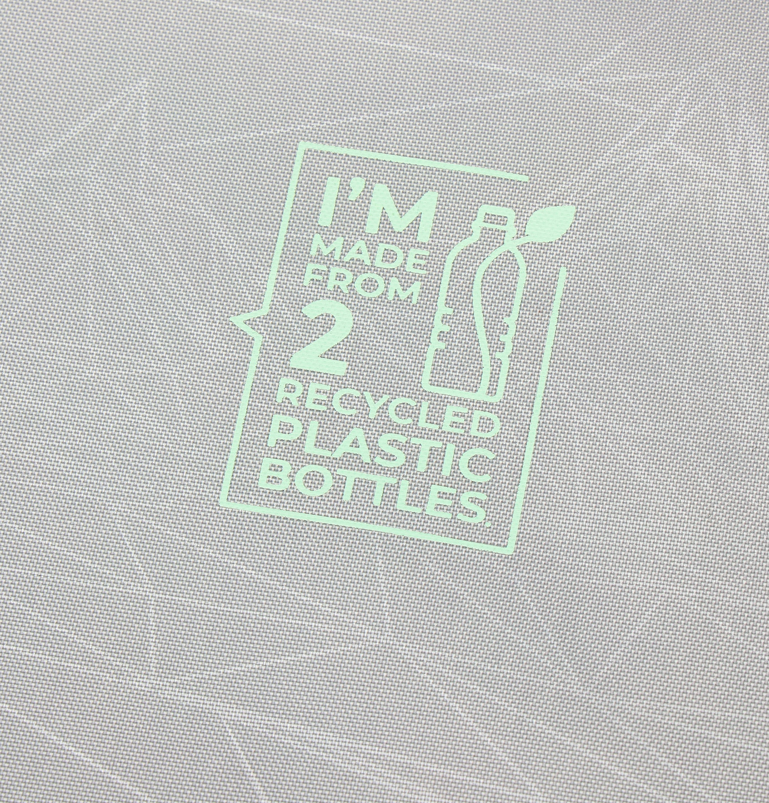 L'immagine mostra un logo verde chiaro su uno sfondo grigio strutturato. Dice: 'I'M MADE FROM 2 RECYCLED PLASTIC BOTTLES'.