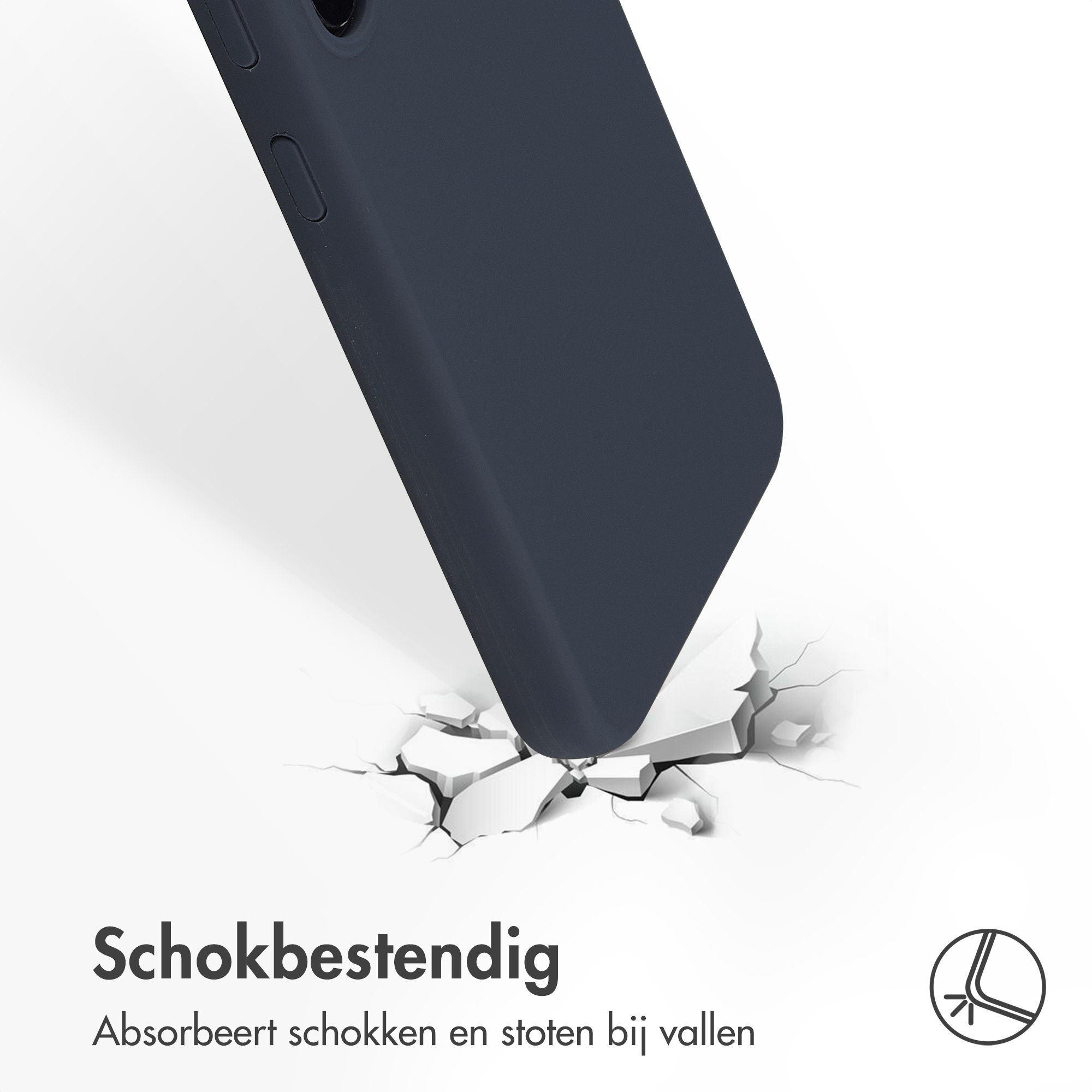 Een donkerblauwe telefoonhoes die een oppervlak raakt, waardoor het barst. Tekst eronder zegt schokbestendig.