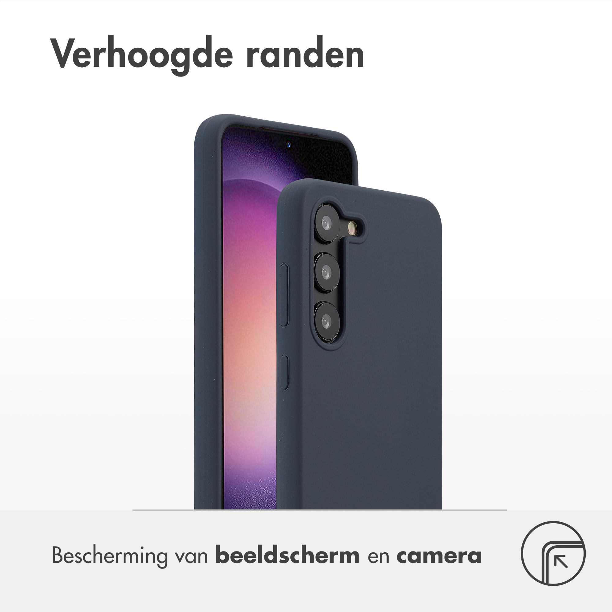 Marineblauwe telefoonhoes op witte achtergrond. Beschermt het scherm en de camera. Het telefoonscherm is zichtbaar.