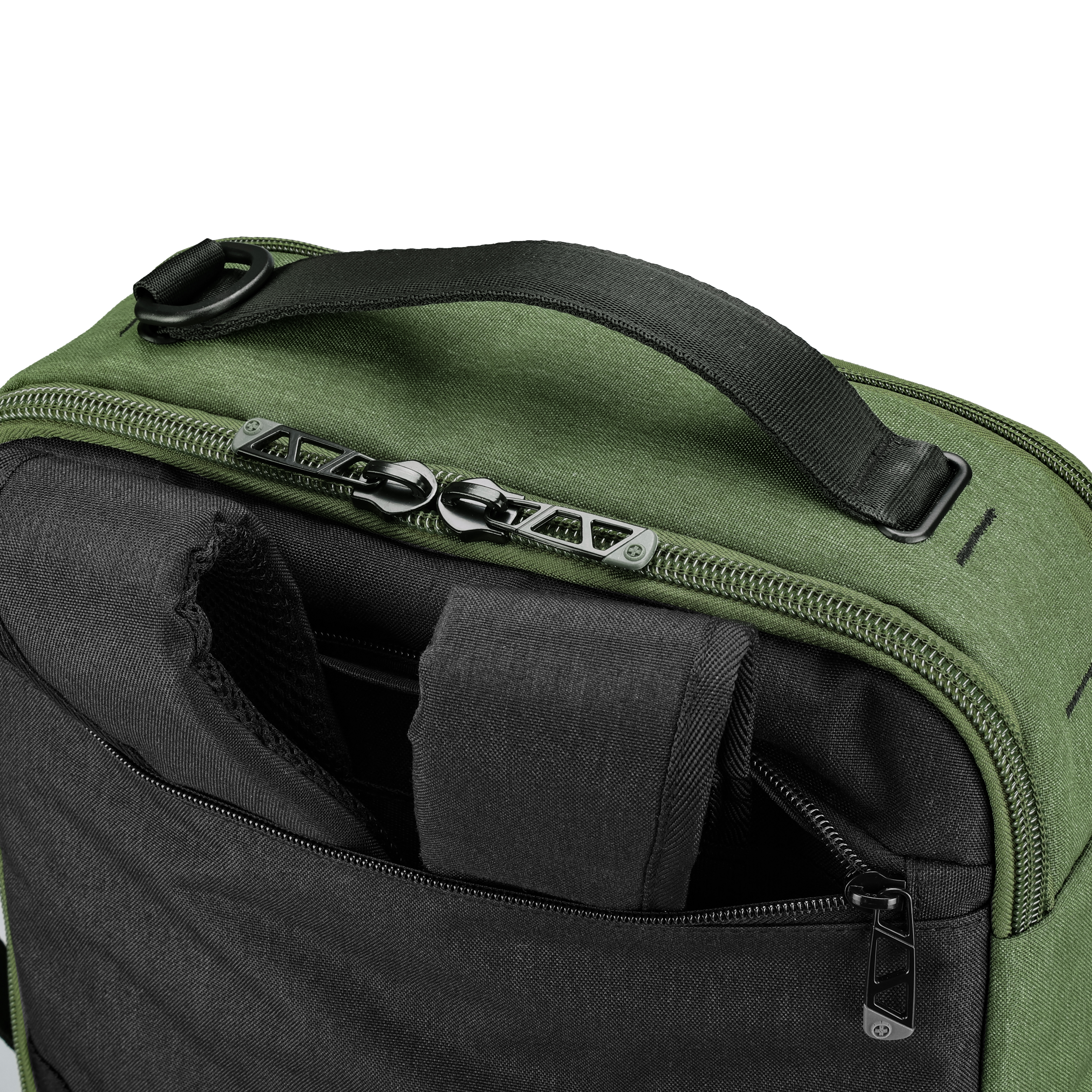 Zaino verde e nero con manico e cerniere. La tasca aperta rivela un interno nero e un piccolo scomparto.
