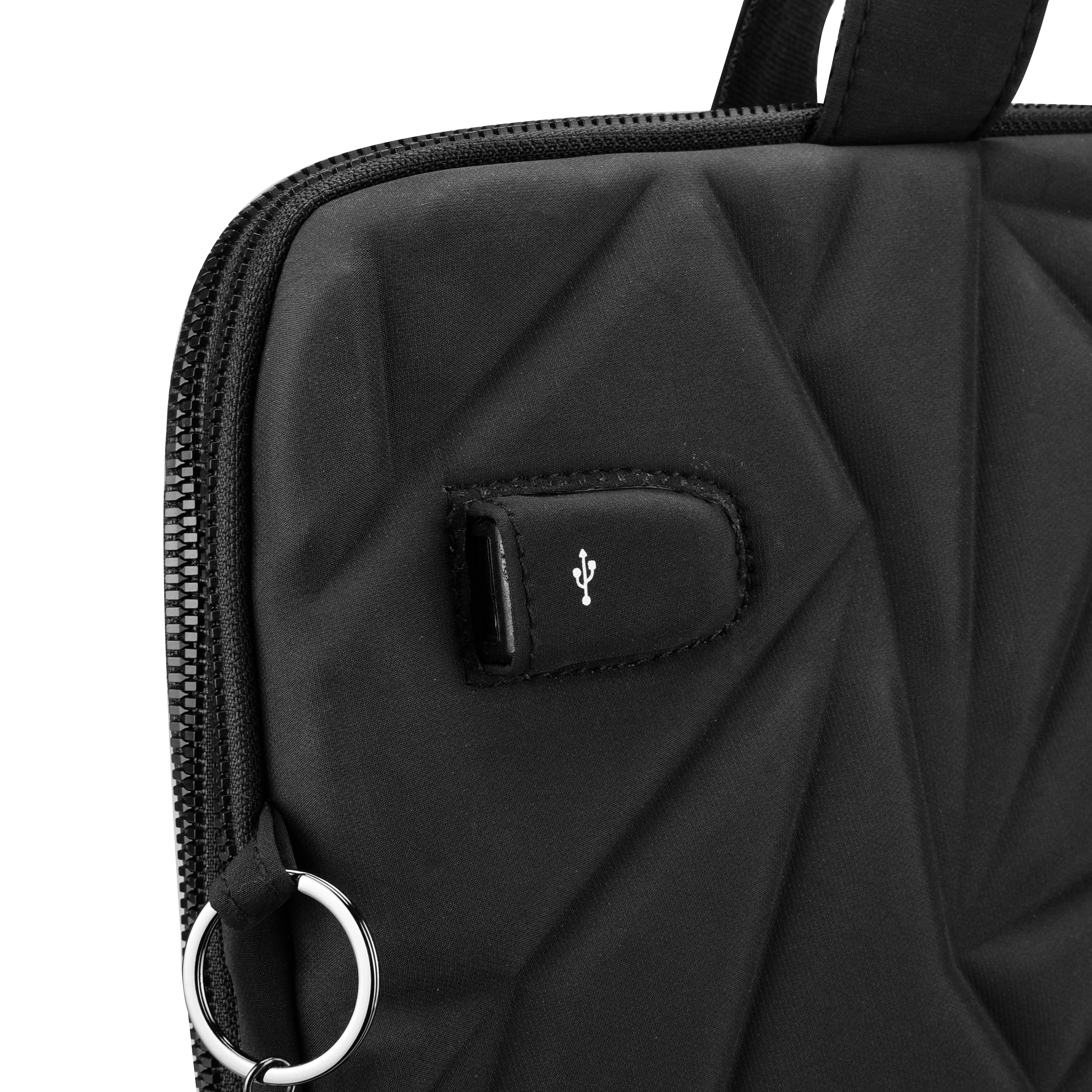 Borsa nera per laptop con porta USB, cerniera e anello argentato. La borsa ha un motivo a diamante.