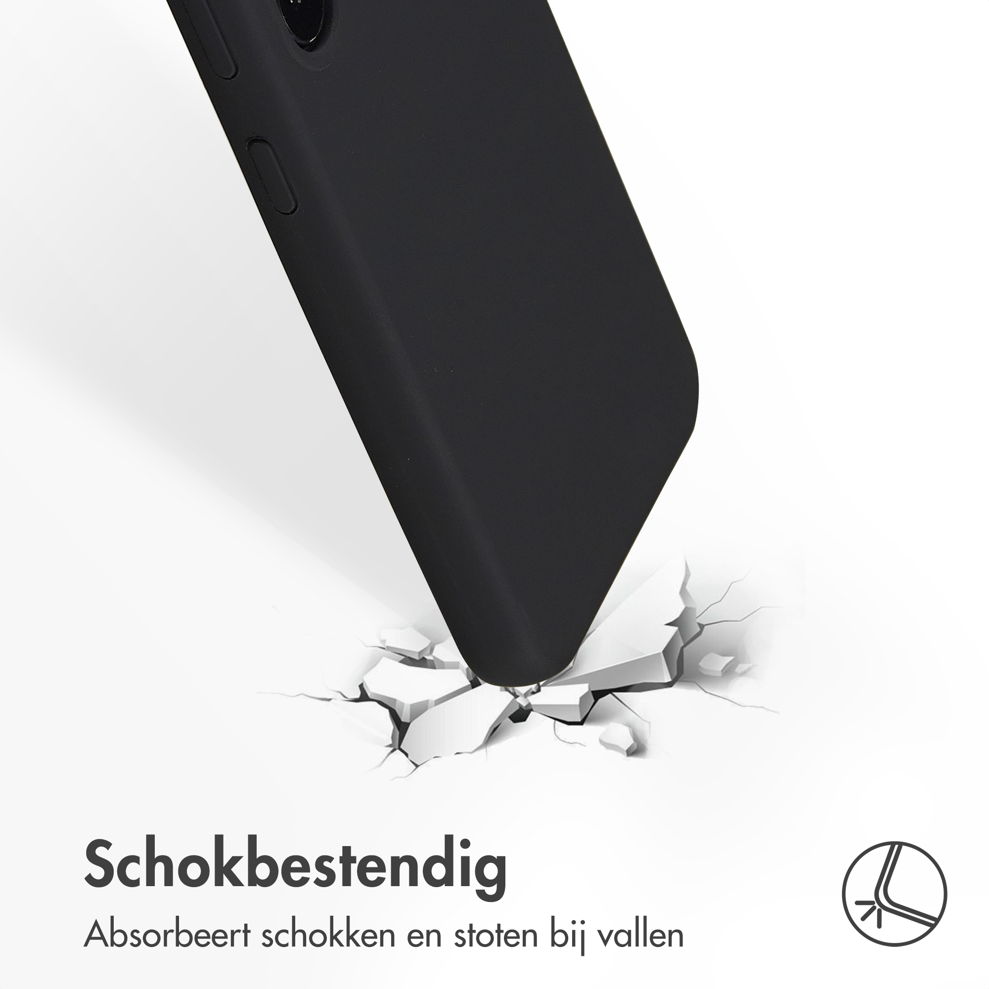 Zwarte telefoonhoes valt, impact op een oppervlak, veroorzaakt scheuren. Witte achtergrond. Benadrukt slagvastheid.