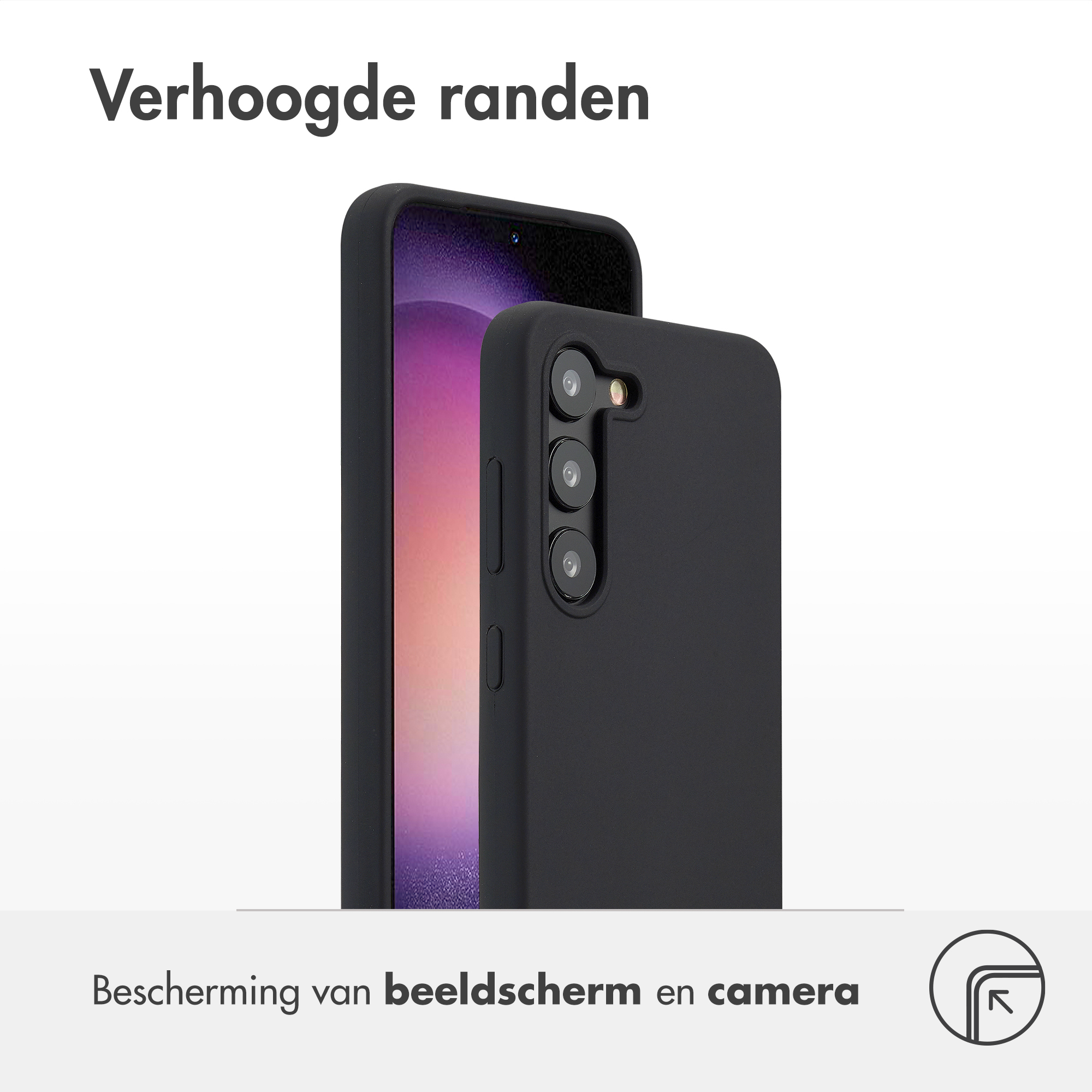 Zwarte telefoonhoes beschermt smartphone. Tekst: 'Verhoogde randen' en 'Scherm- en camerabescherming'.