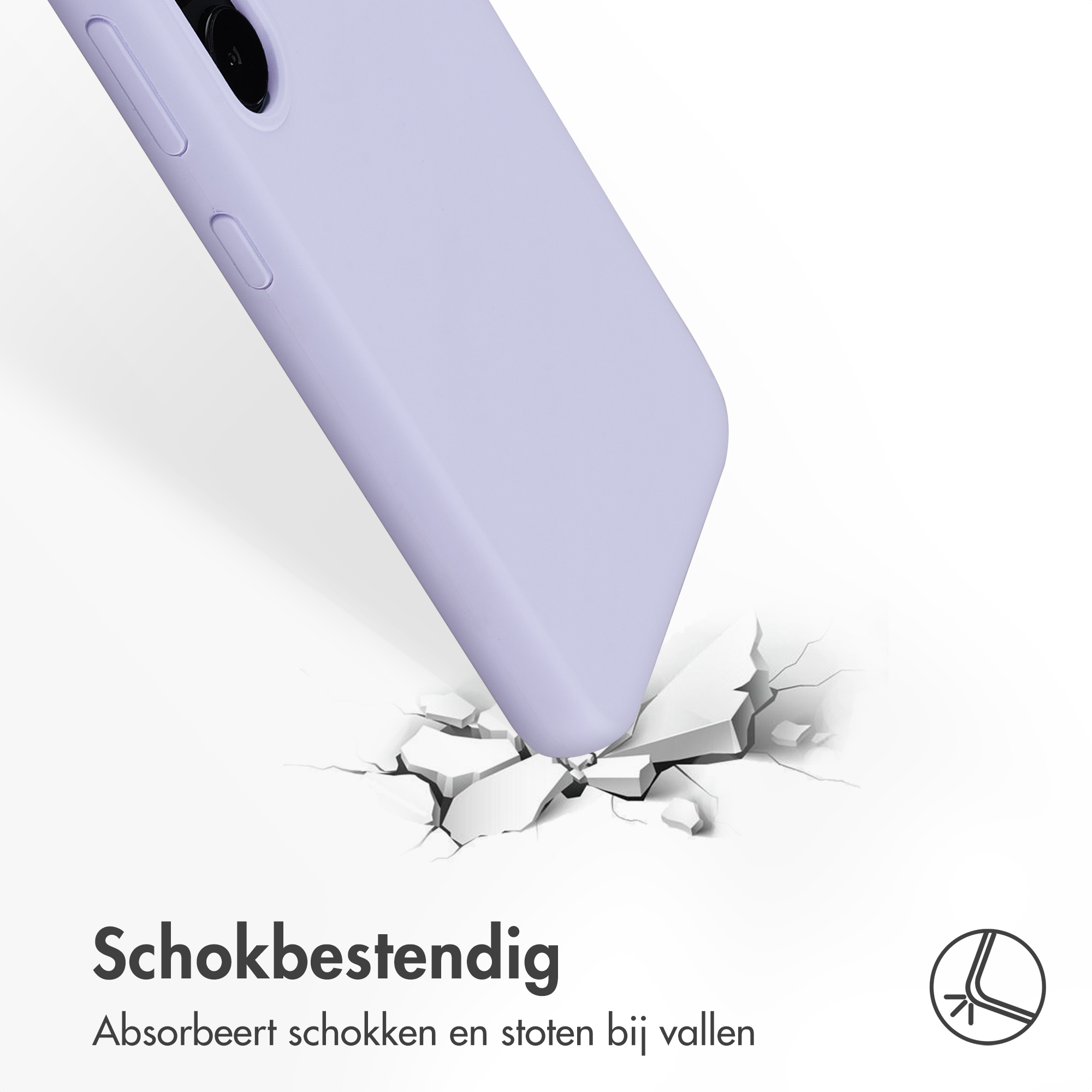 Una custodia per telefono color lavanda cade, frantumando una superficie. Le crepe si irradiano dal punto di impatto, suggerendo l'assorbimento degli urti.