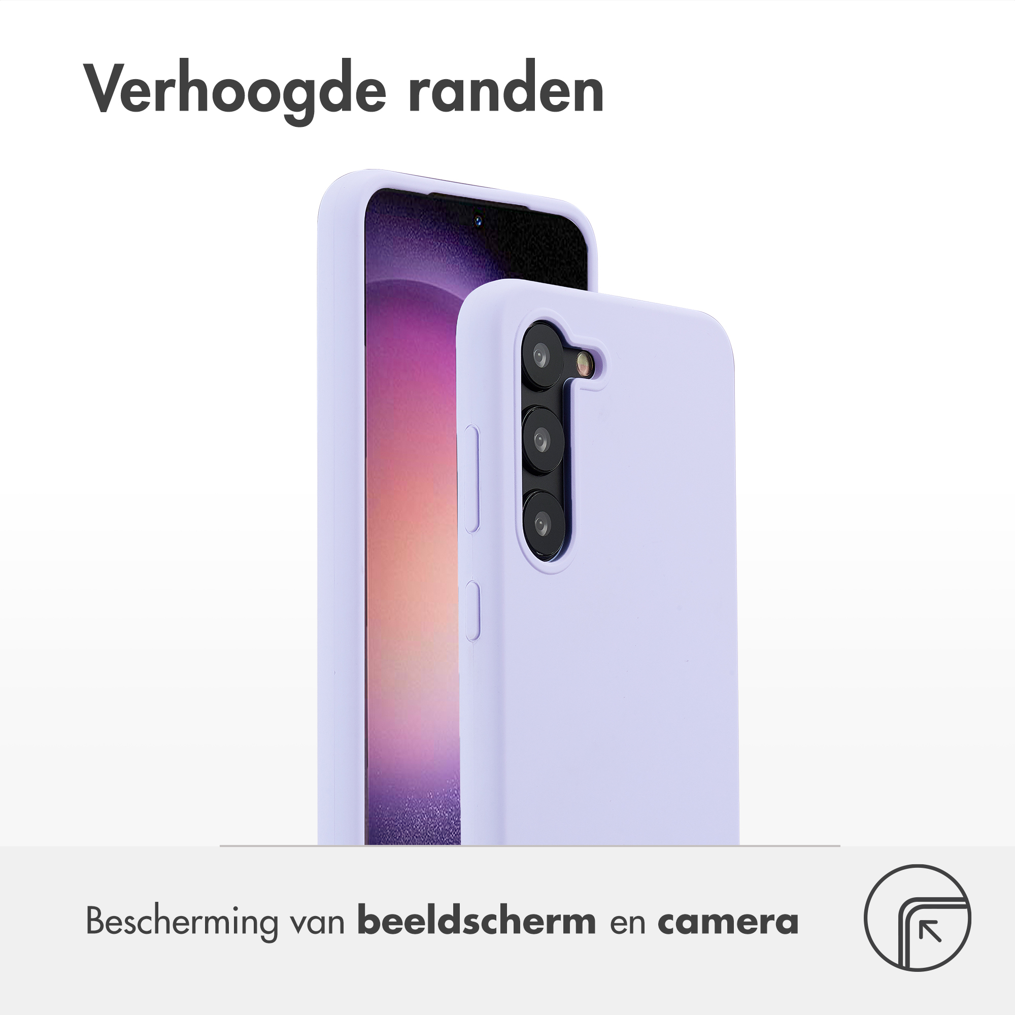 Un téléphone dans un étui violet clair. L'étui a des bords surélevés. Le texte dit 'protection d'écran et de caméra'.