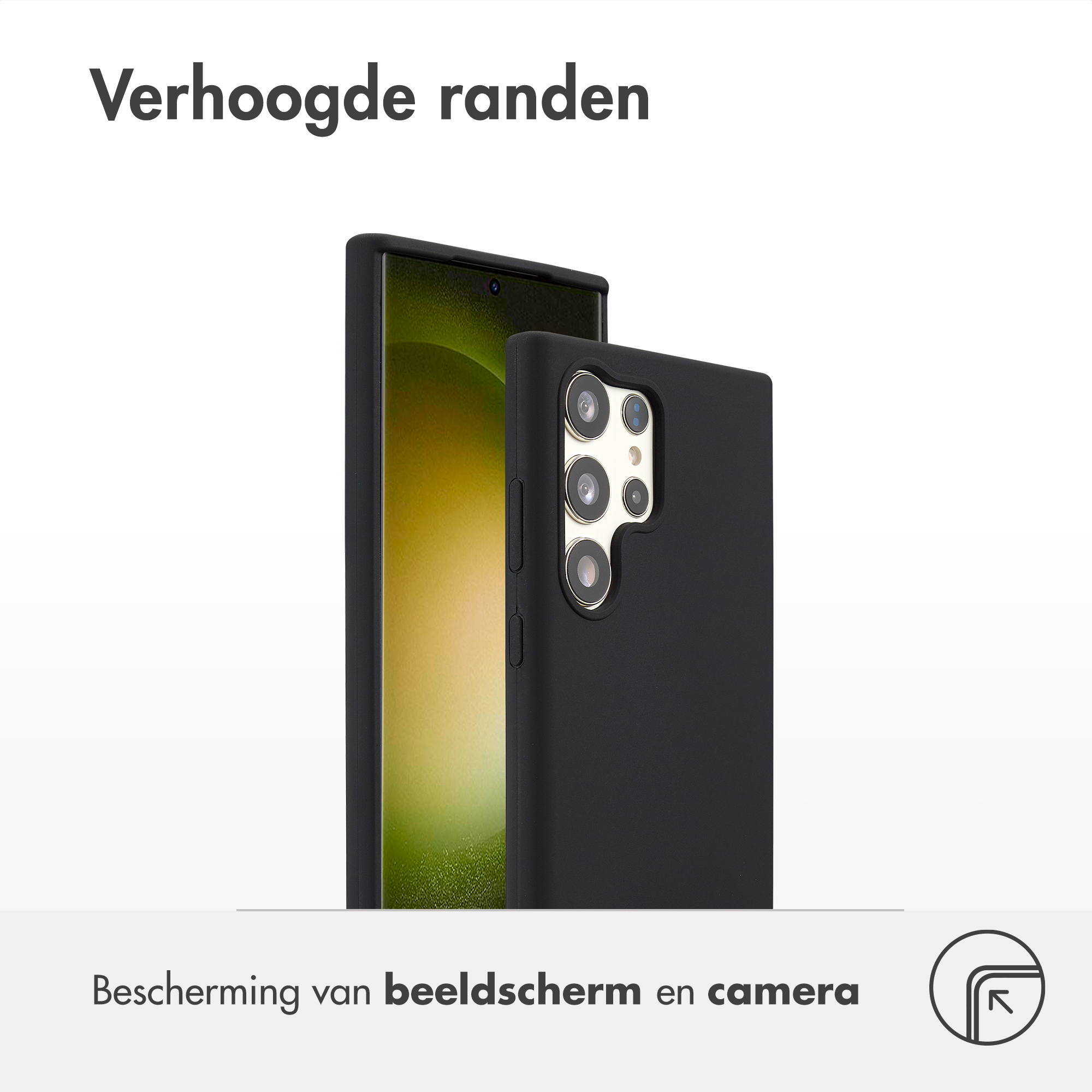Custodia nera per telefono che protegge uno smartphone. Testo: 'Verhoogde randen' e 'Bescherming van beeldscherm en camera'.
