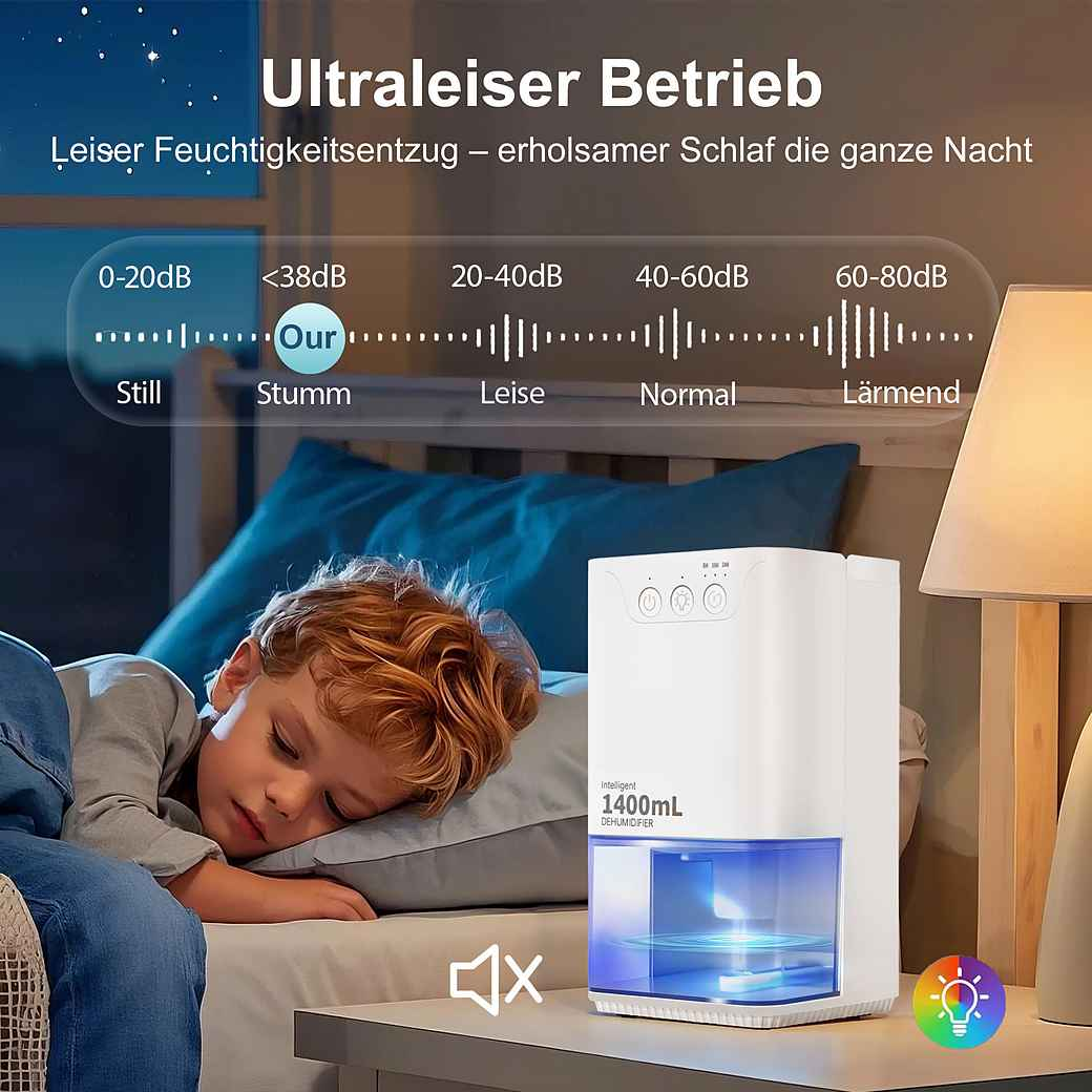 Ein Kind schläft im Bett. Ein weißer Luftentfeuchter steht auf einem Nachttisch. Text weist auf leisen Betrieb hin.