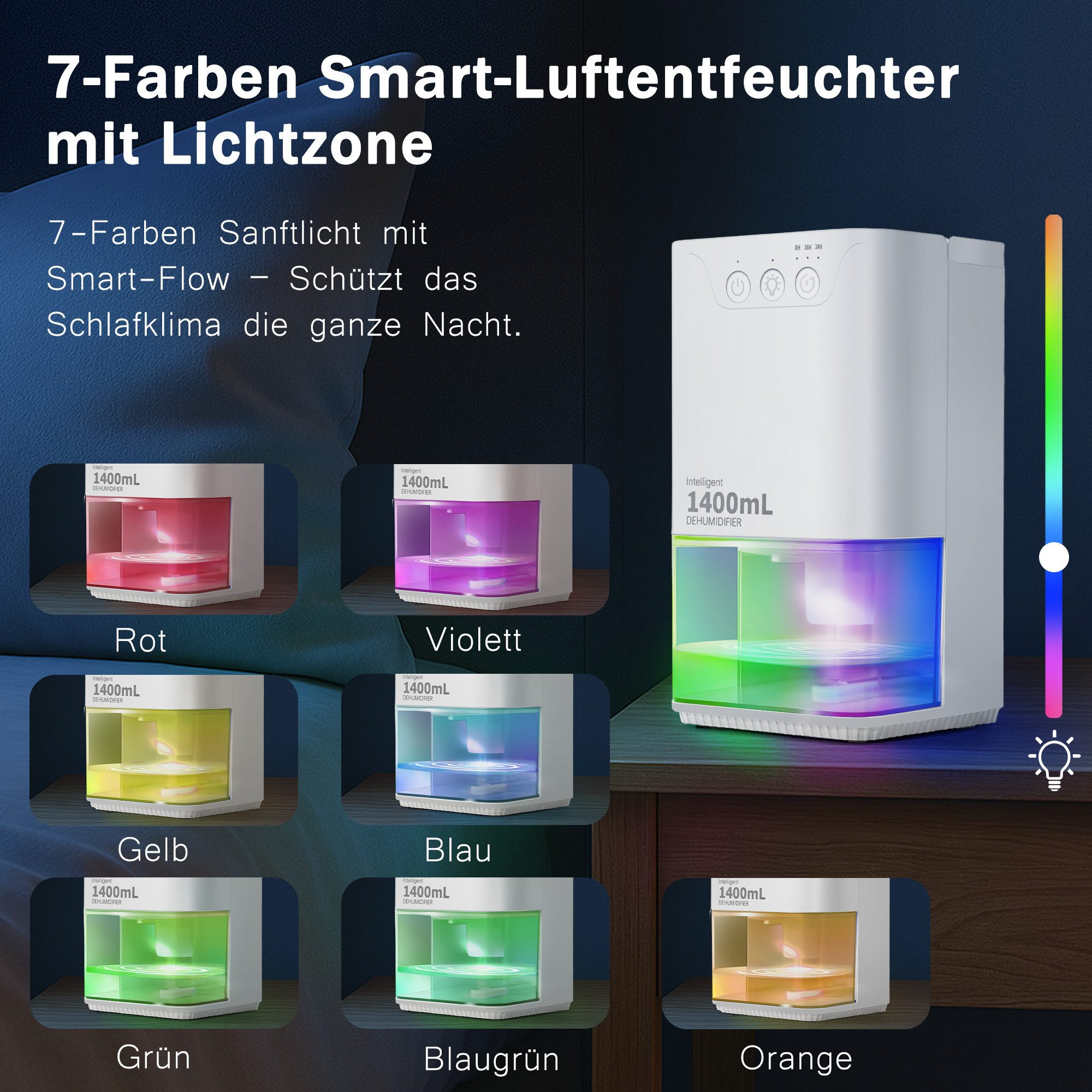 Ein weißer Luftentfeuchter mit sieben Farboptionen. Das Bild enthält deutschen Text und einen Farbverlauf.