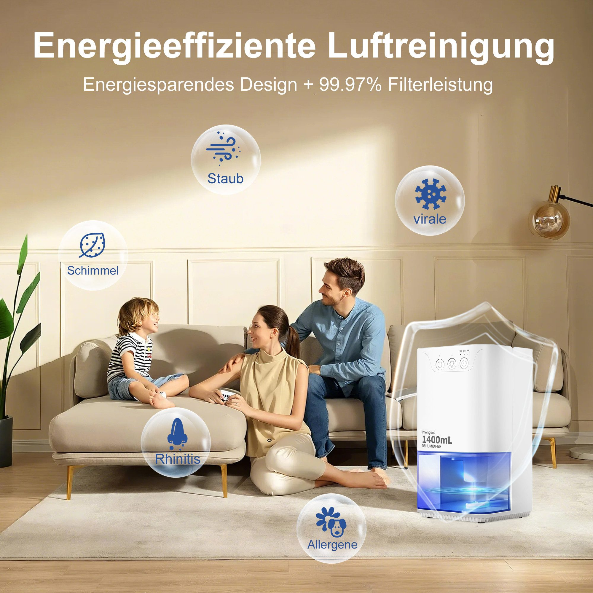 Familie auf einem Sofa mit Luftreiniger. Texte zeigen Allergene, Staub, Schimmel, Viren und Rhinitis.