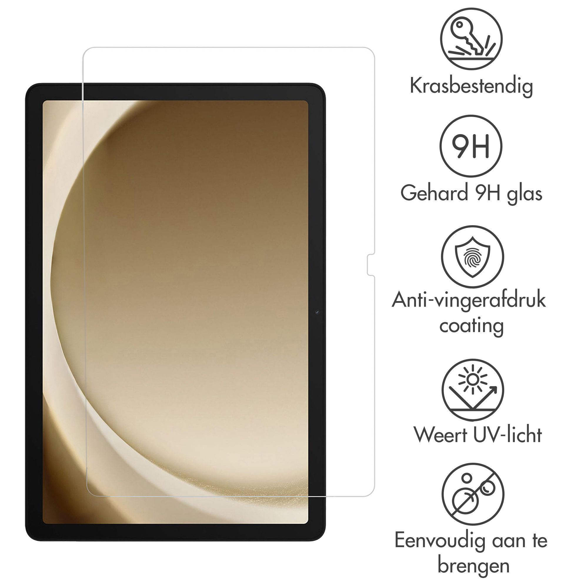 Een tablet met een schermbeschermer. Tekst beschrijft krasbestendigheid, 9H-glas, anti-vingerafdruk, UV-bescherming.