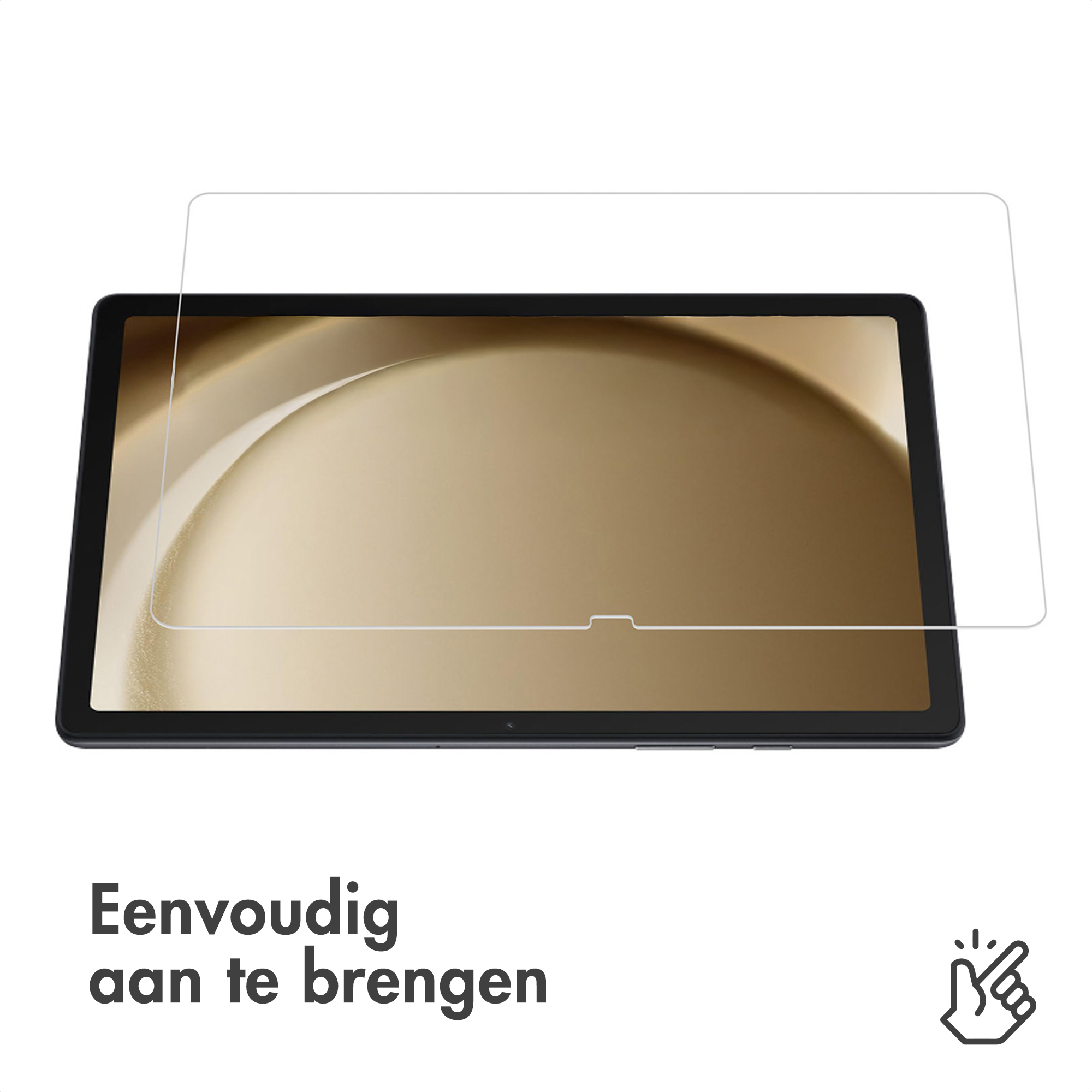 Een tablet met een schermbeschermer. De tablet is zwart, met een goudkleurig scherm. Een heldere protector erboven.
