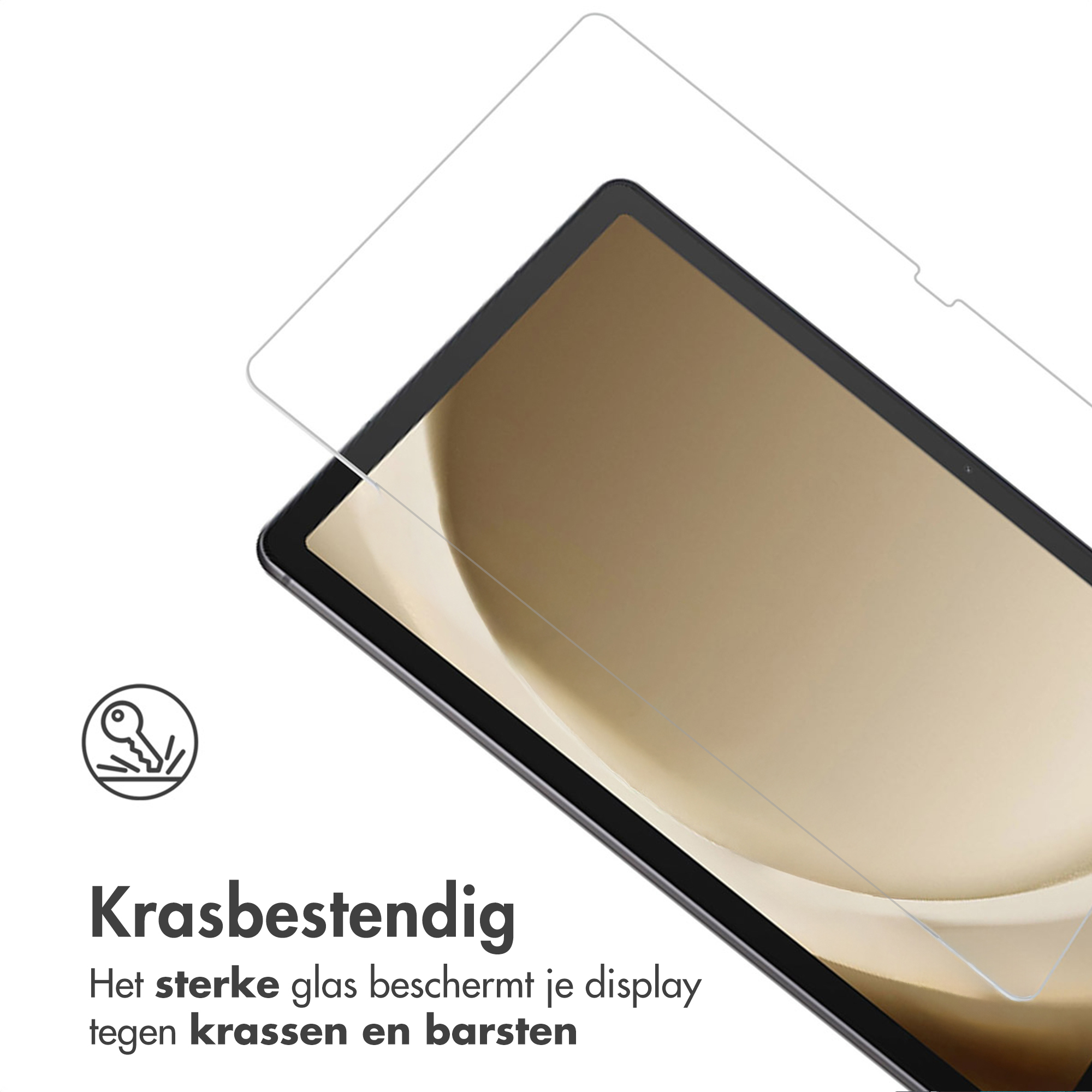Tabletscherm met beschermer. Tekst zegt 'Krasbestendig' en beschermt tegen krassen en barsten.