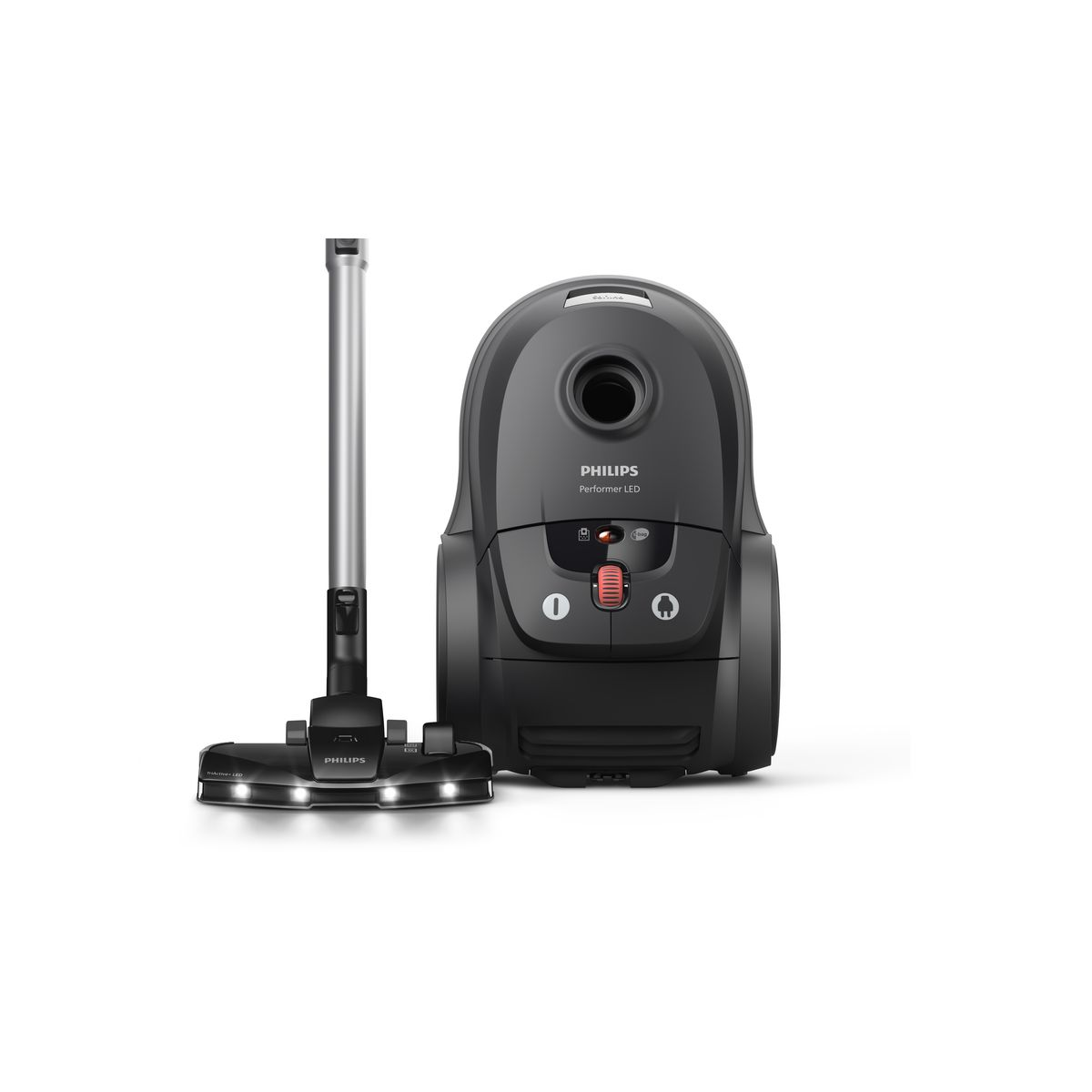Una aspiradora Philips Performer LED. Es negra con una varilla plateada y un cepillo para el suelo. Se encuentra sobre un fondo blanco.