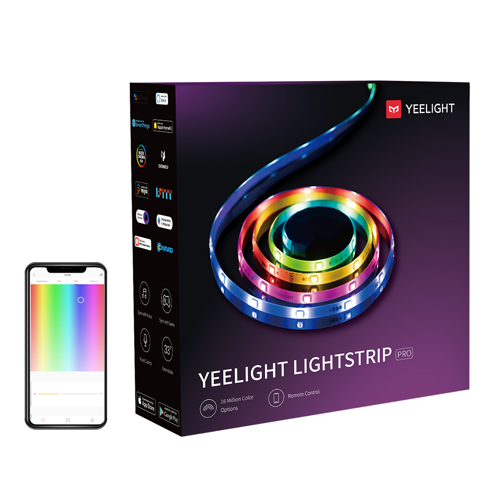 Pudełko z kolorową listwą świetlną. Telefon pokazuje paletę kolorów. Na pudełku napis YEELIGHT LIGHTSTRIP PRO i logo.