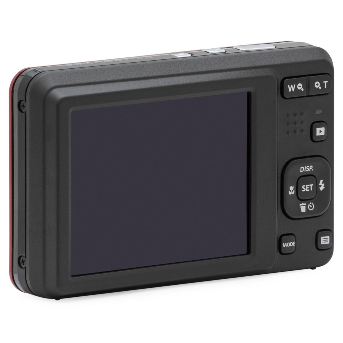 Czarny aparat cyfrowy z czerwonymi akcentami. Widoczny ekran, przyciski zoom, wyświetlacz, ustawienia i tryb. Białe tło.