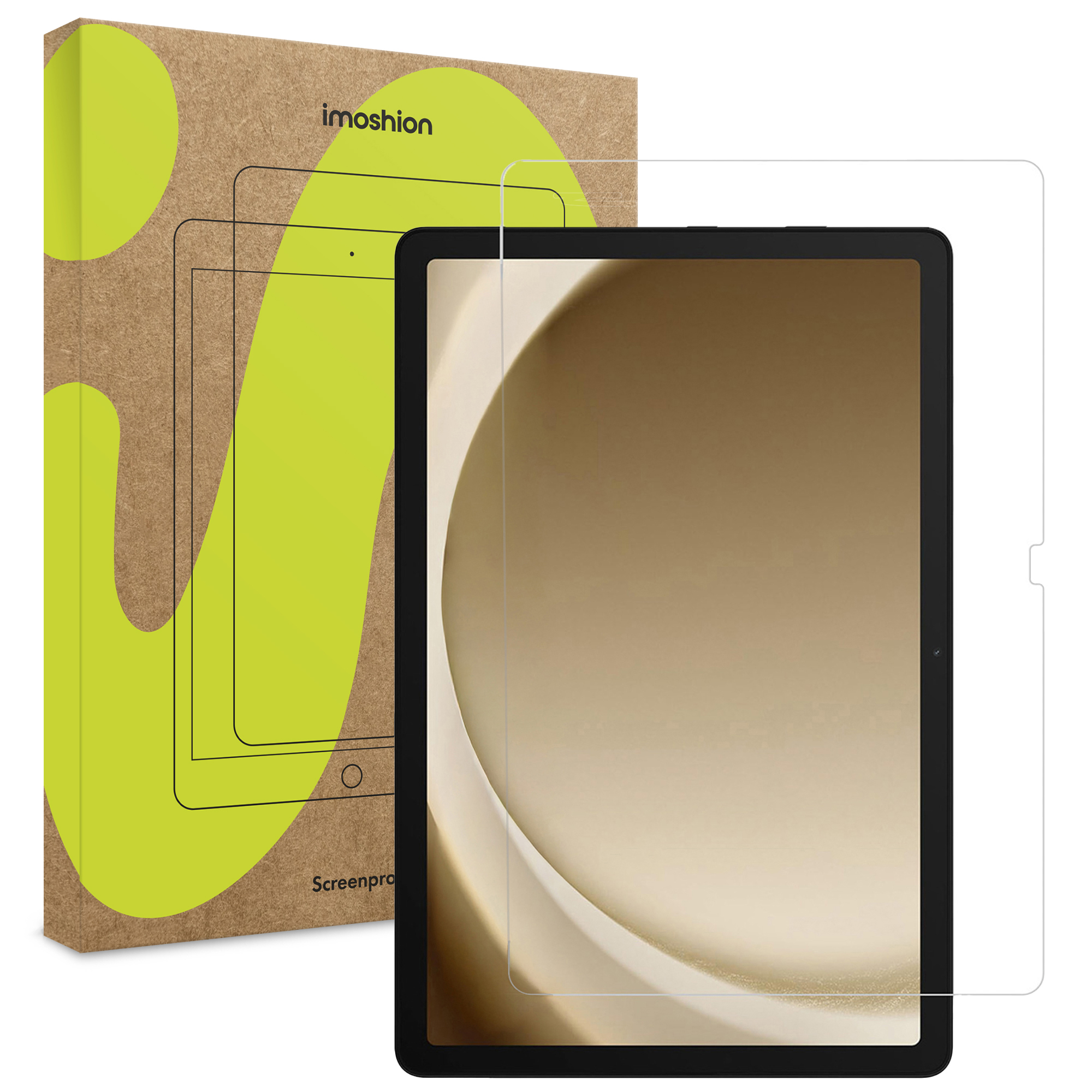 Tablet met schermbeschermer en verpakking. De tablet is zwart, de beschermer is transparant en de doos bruin.