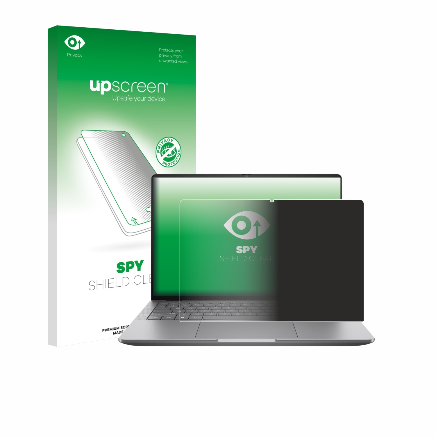 Ein Laptop mit einem Blickschutzfilter neben der Verpackung, beide zeigen das Logo und die Funktionen des Produkts.