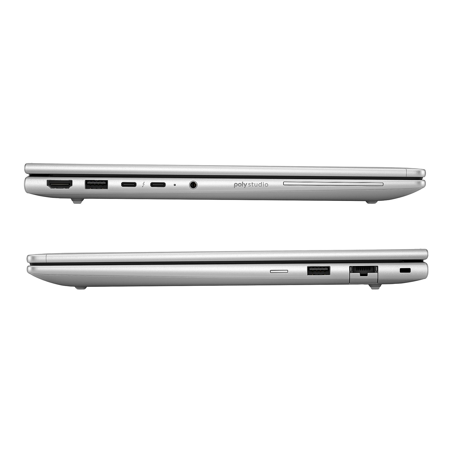 Vista laterale di un laptop argentato, che mostra le porte, tra cui HDMI, USB e jack audio, su sfondo bianco. Il marchio è poly studio.