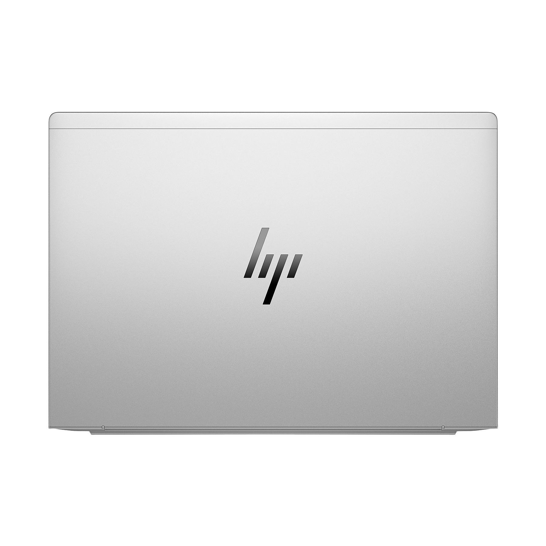 Coperchio di laptop argentato con logo HP. Il coperchio è chiuso, mostrando un design minimalista con una texture sottile.