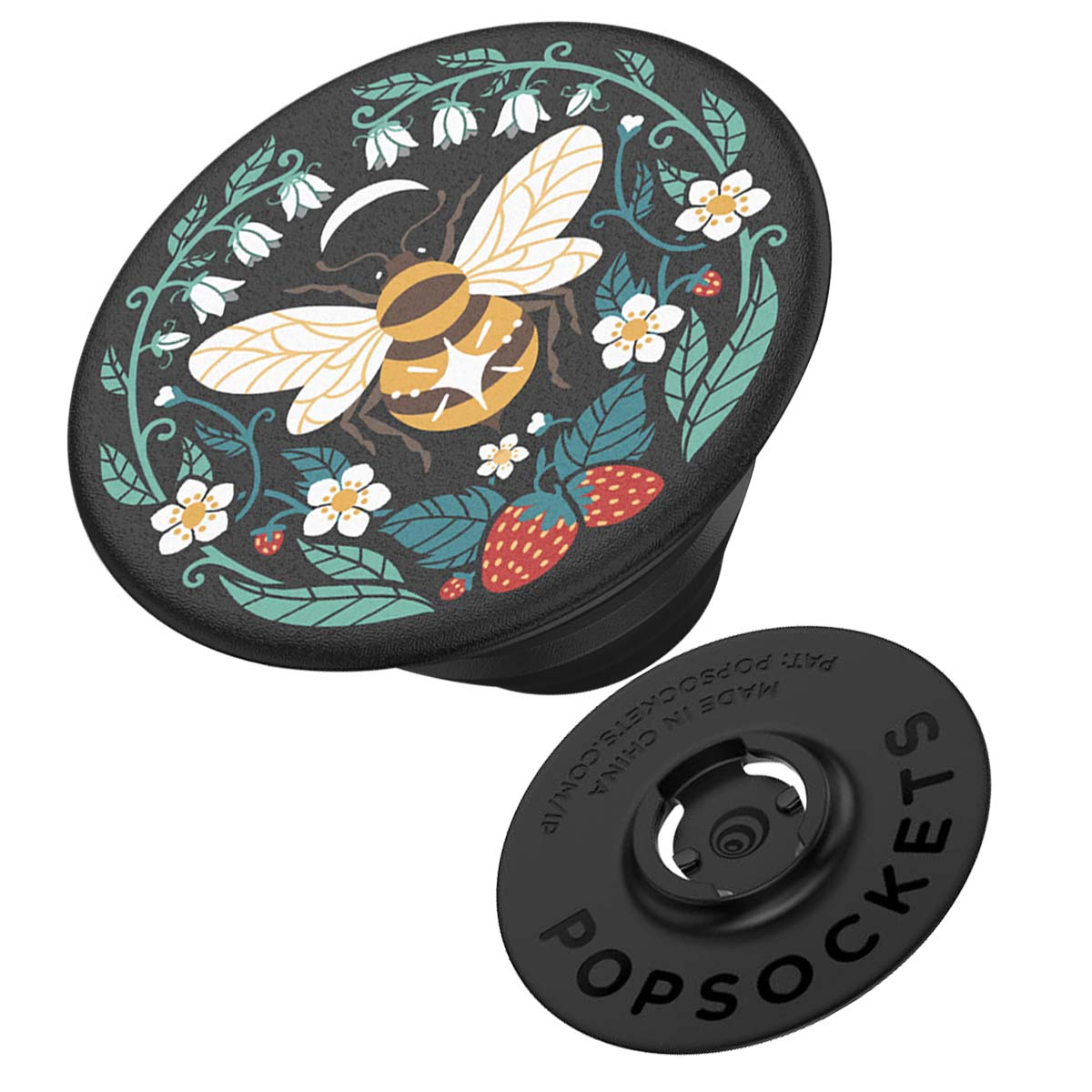 Schwarzer PopSocket mit Bienen-, Blumen- und Erdbeerdesign. Abgelöste Basis auf weißem Hintergrund. Made in China.
