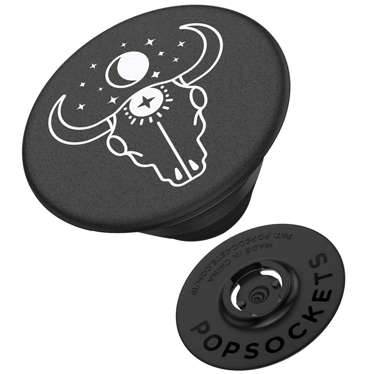 Schwarzer PopSocket mit weißem Bullen-Design, Sternen und einem Halbmond.  Eine separate Basis mit PopSockets-Logo ist ebenfalls vorhanden.