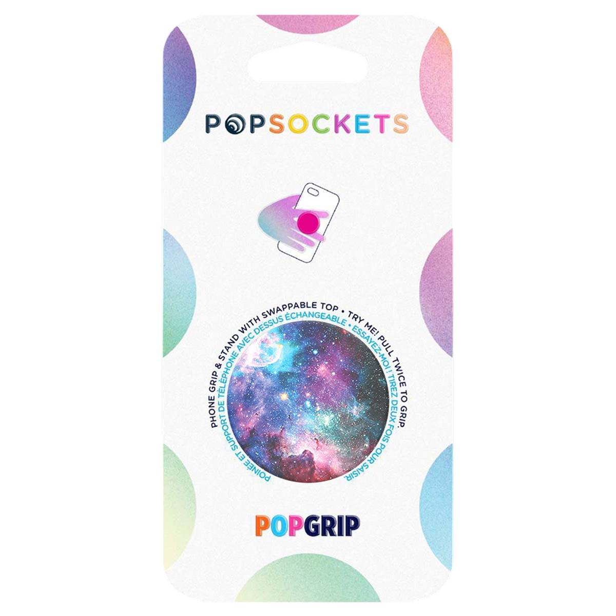 Un paquete de productos PopSockets. Tiene un diseño de galaxia en el PopGrip. El paquete presenta los logotipos de PopSockets y PopGrip.