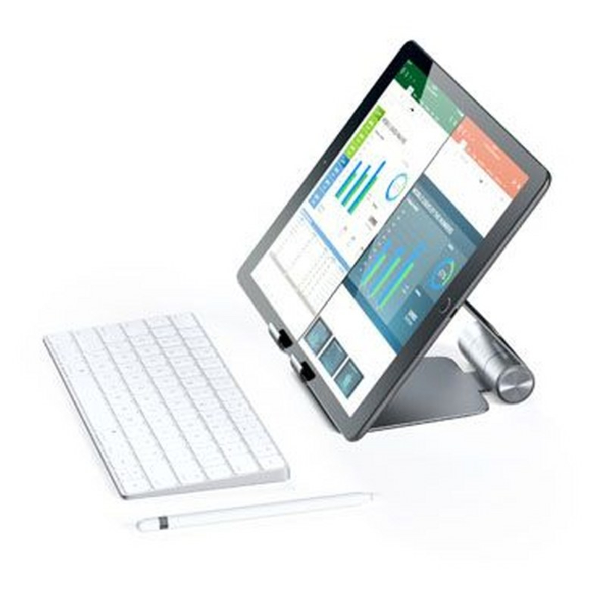 Tablet mit Diagrammen, Tastatur und Stift auf weißer Oberfläche. Das Tablet steht auf einem Ständer.