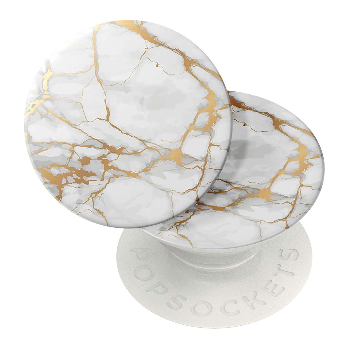 Dos PopSockets blancos con vetas doradas, uno parcialmente colapsado. Una base gris claro con la marca 'PopSockets' es visible.