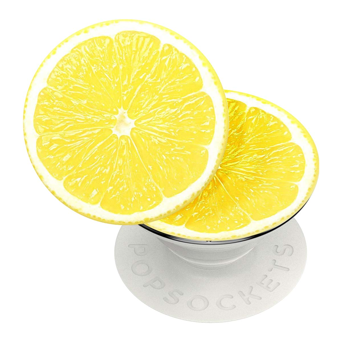 Dos rodajas de limón sobre una base blanca de PopSockets. Los limones son amarillos con cáscaras blancas. La base tiene escrito "POPSOCKETS".