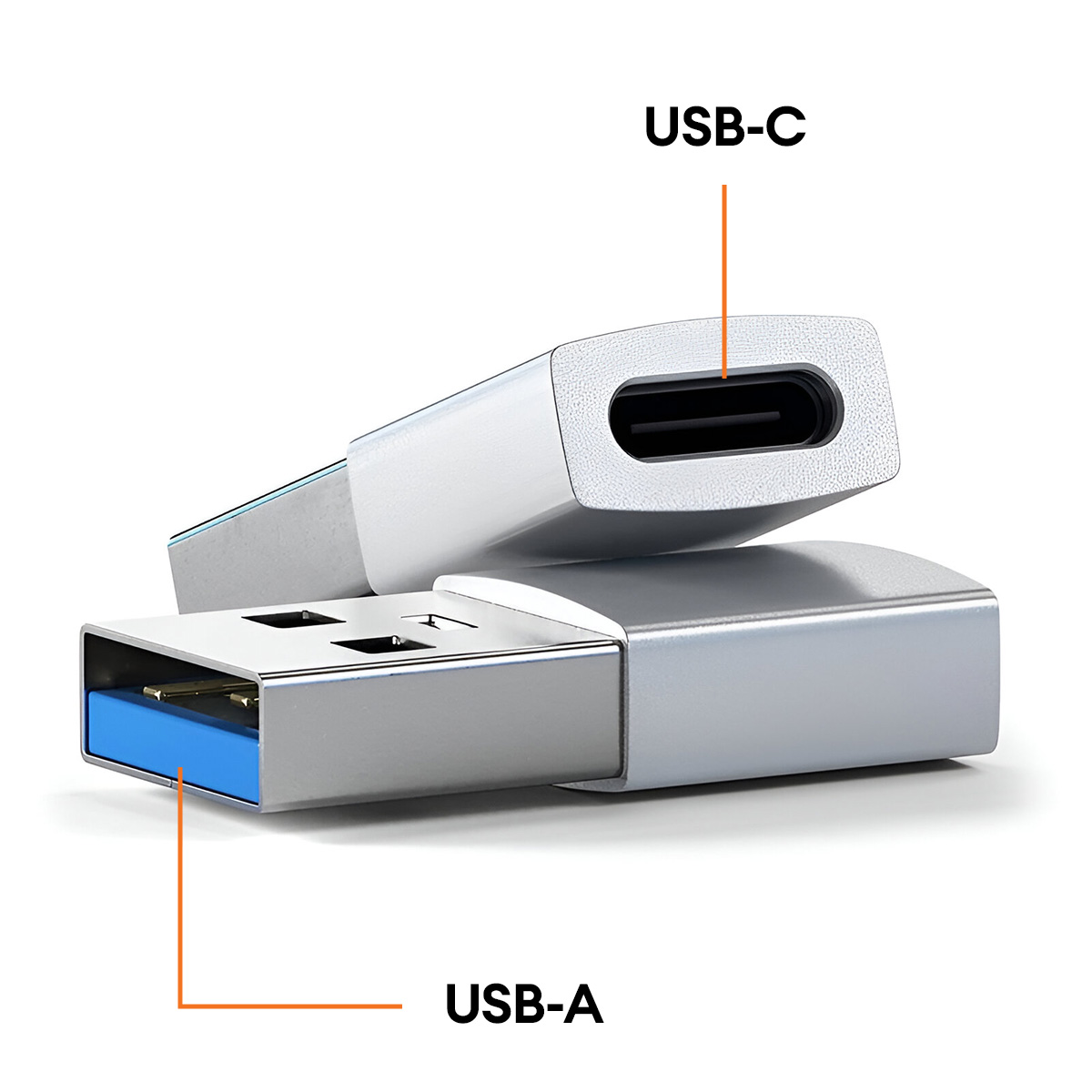 Obraz przedstawia adapter USB-A i USB-C. USB-A jest srebrne z niebieskim wnętrzem, USB-C jest srebrne z czarnym wnętrzem. Białe tło.