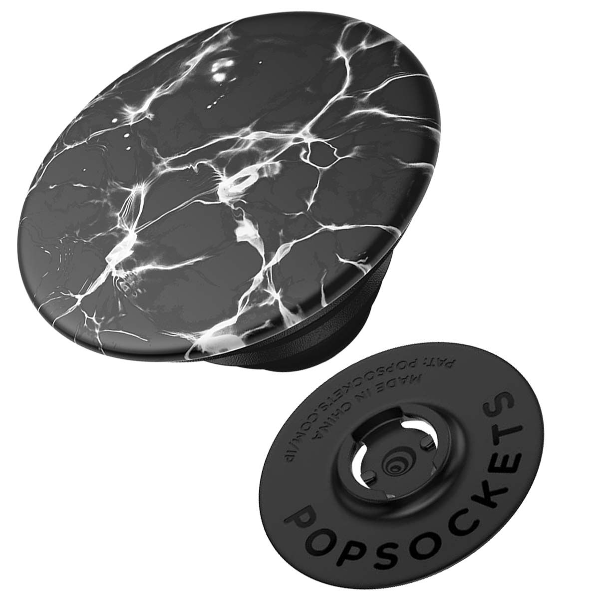 Un'impugnatura per telefono PopSockets, nera con design a marmo bianco, e una base nera con la scritta PopSockets.