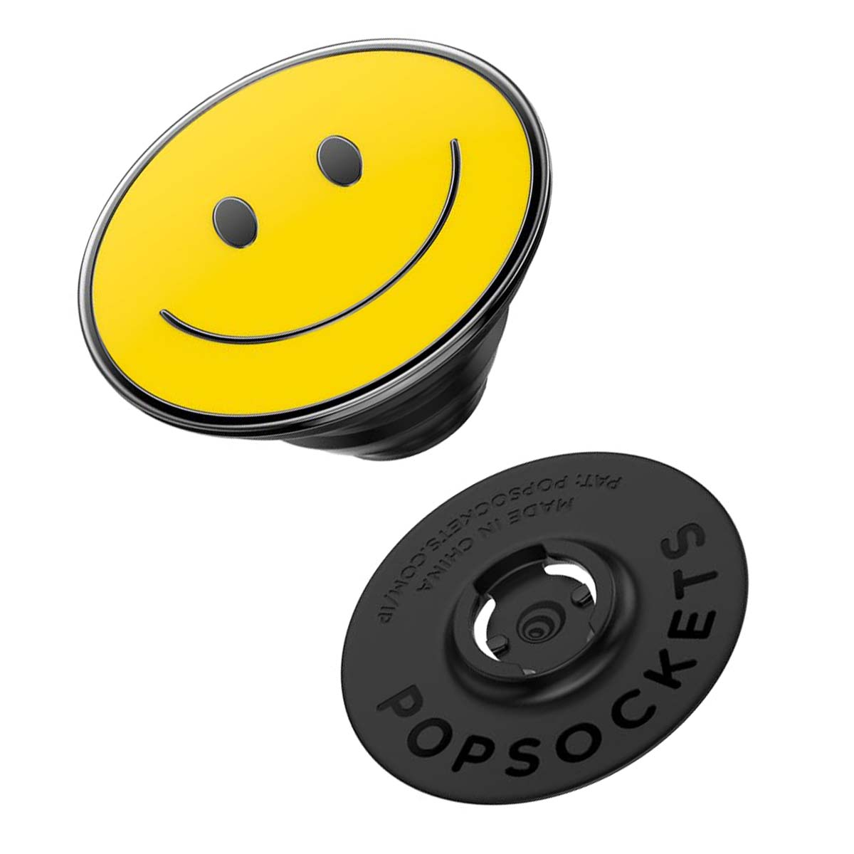 Un supporto per telefono PopSockets con una faccina gialla sorridente. Include una base a disco nera con marchio PopSockets e un'impugnatura pieghevole.