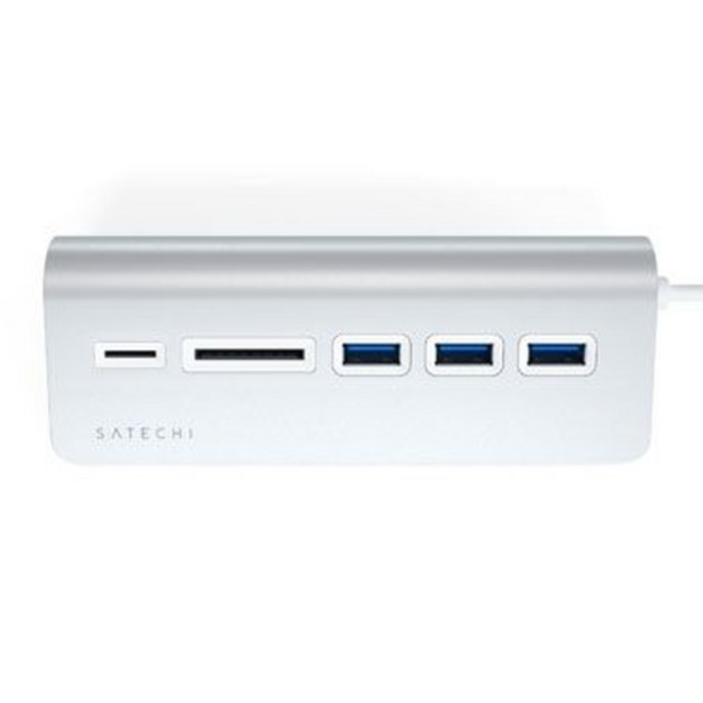 Silberner Satechi USB-Hub mit mehreren Anschlüssen, einschließlich USB-, SD-Karten- und Micro-SD-Karten-Steckplätzen.