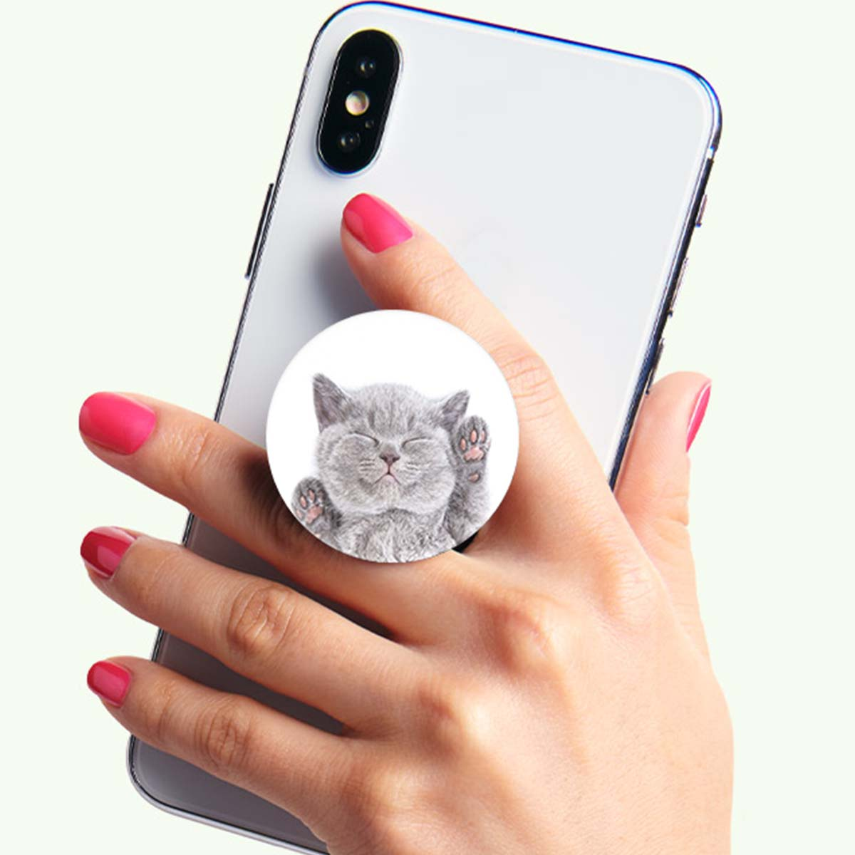 Eine Hand hält ein Telefon mit einem Pop-Socket. Der Pop-Socket zeigt eine graue Katze mit geschlossenen Augen und erhobener Pfote.