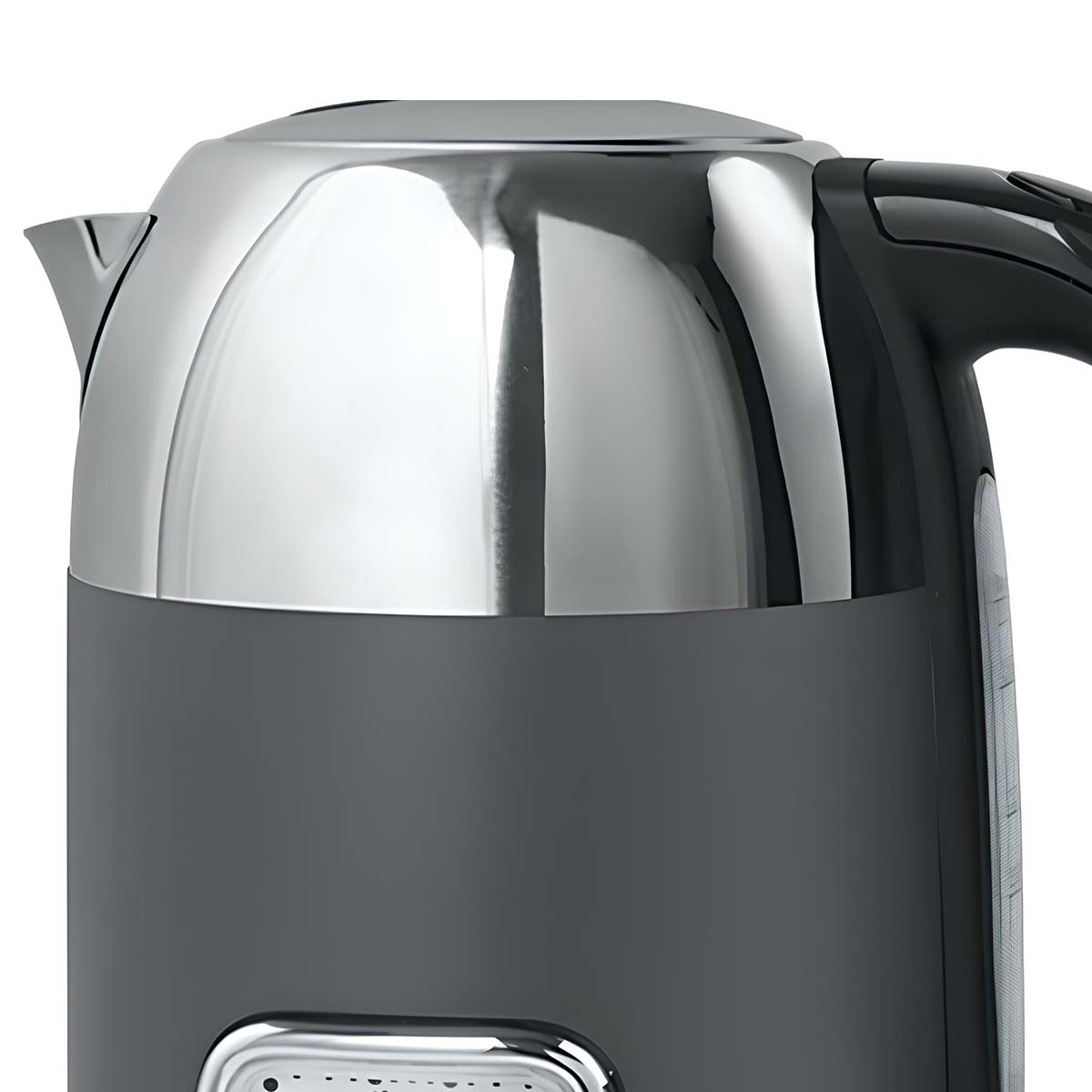 Nahaufnahme eines modernen Wasserkochers. Er hat eine glänzende silberne Oberseite, einen grauen Körper und einen schwarzen Griff. Das Design ist elegant und modern.