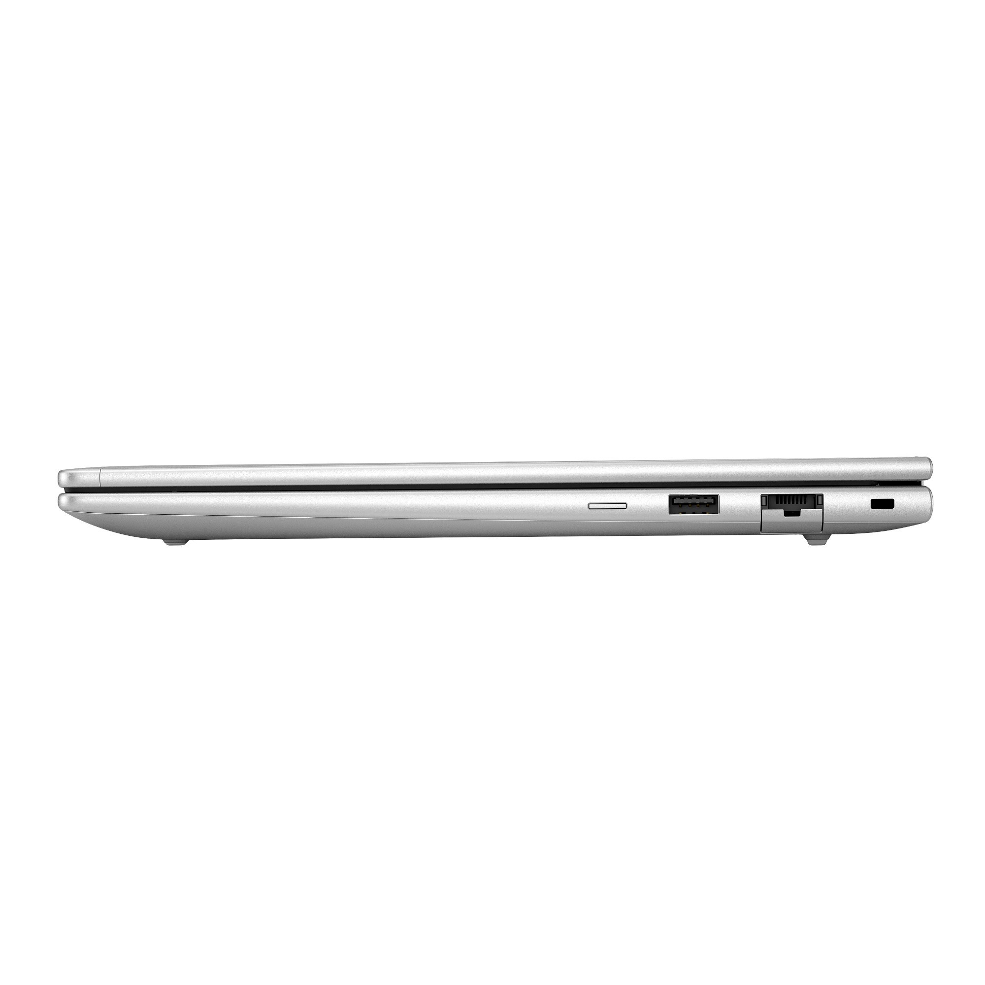 Vista laterale di un laptop argentato. Porte visibili: USB, HDMI e alimentazione. Sfondo bianco.