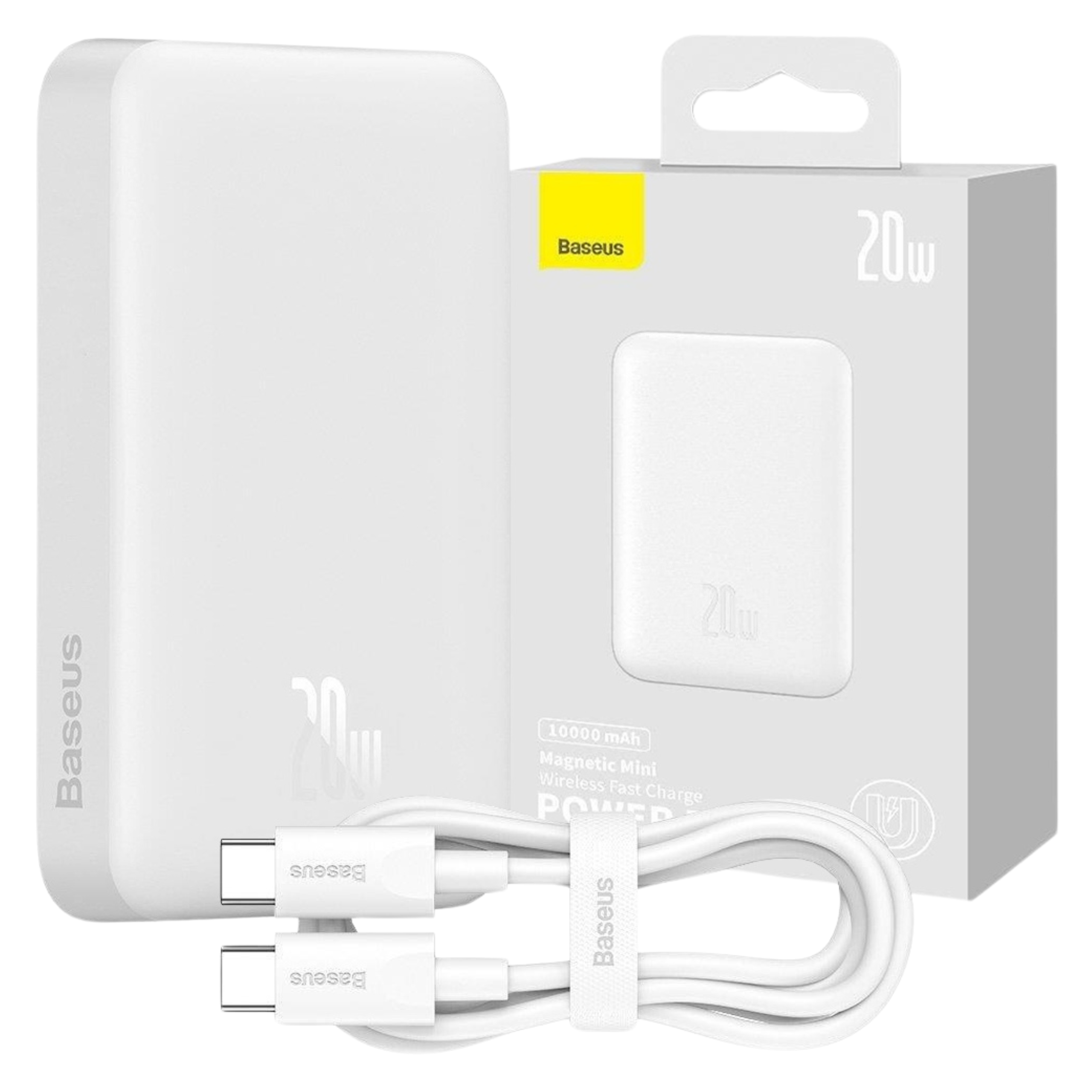 Biały power bank Baseus, pudełko i kabel. Żółte logo Baseus na pudełku. Złącza USB-C na kablu.