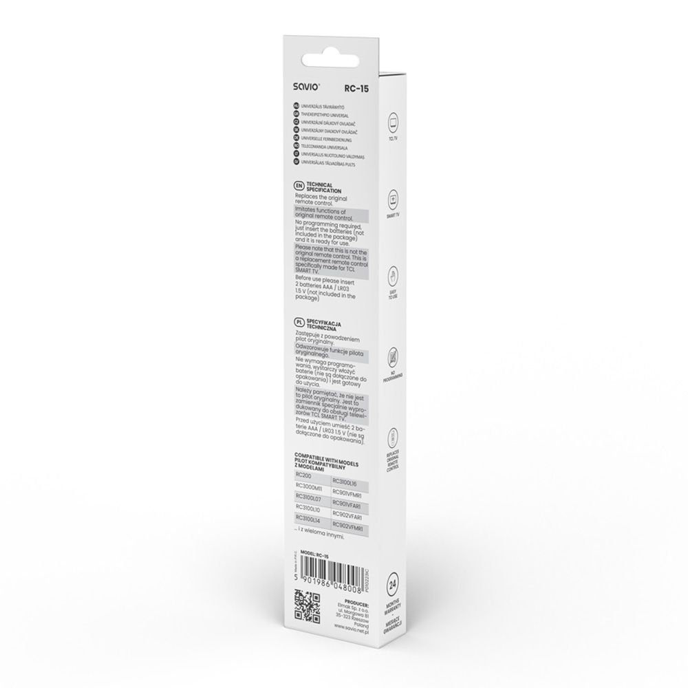 Białe pudełko pilota Savio RC-15 z nadrukowanym tekstem i informacjami o produkcie.