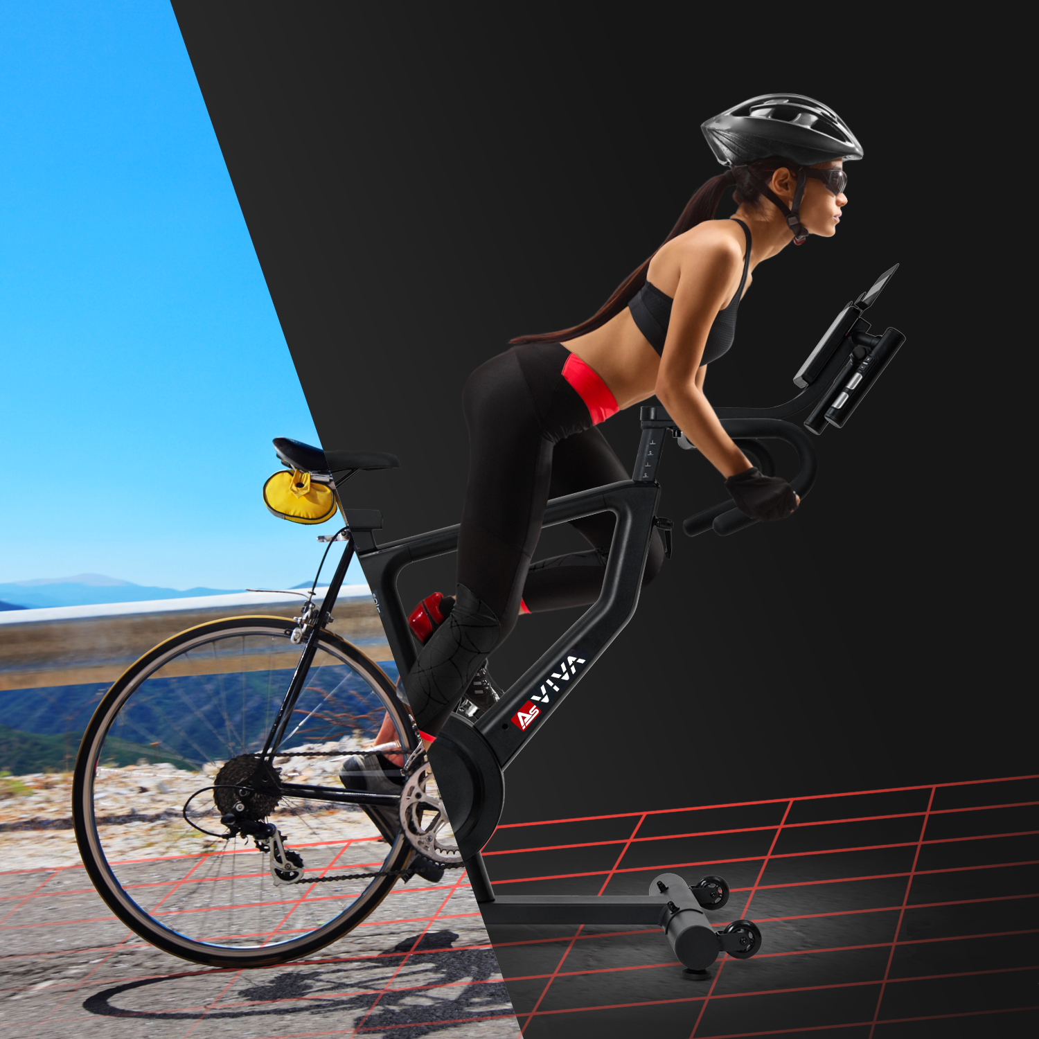 Eine Frau auf einem Heimtrainer. Sie trägt einen Helm und Sportkleidung. Der Hintergrund ist geteilt, eine Seite zeigt eine Straße, die andere ist schwarz.