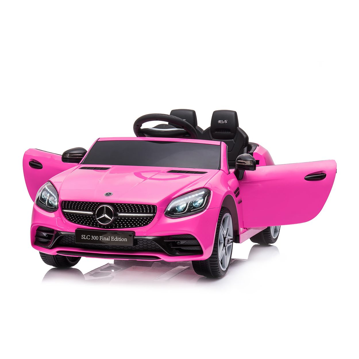 Rosa Mercedes-Benz SLC 300 Final Edition Spielzeugauto mit offenen Türen auf weißem Hintergrund.