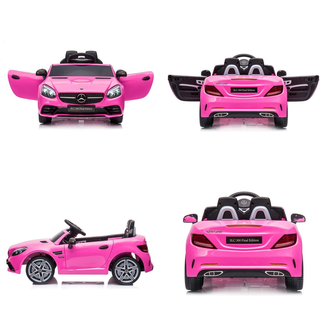 Vier Ansichten eines rosa Spielzeugautos. Das Auto hat offene Türen in der Vorder- und Rückansicht. Die Seitenansicht zeigt ein Lenkrad.