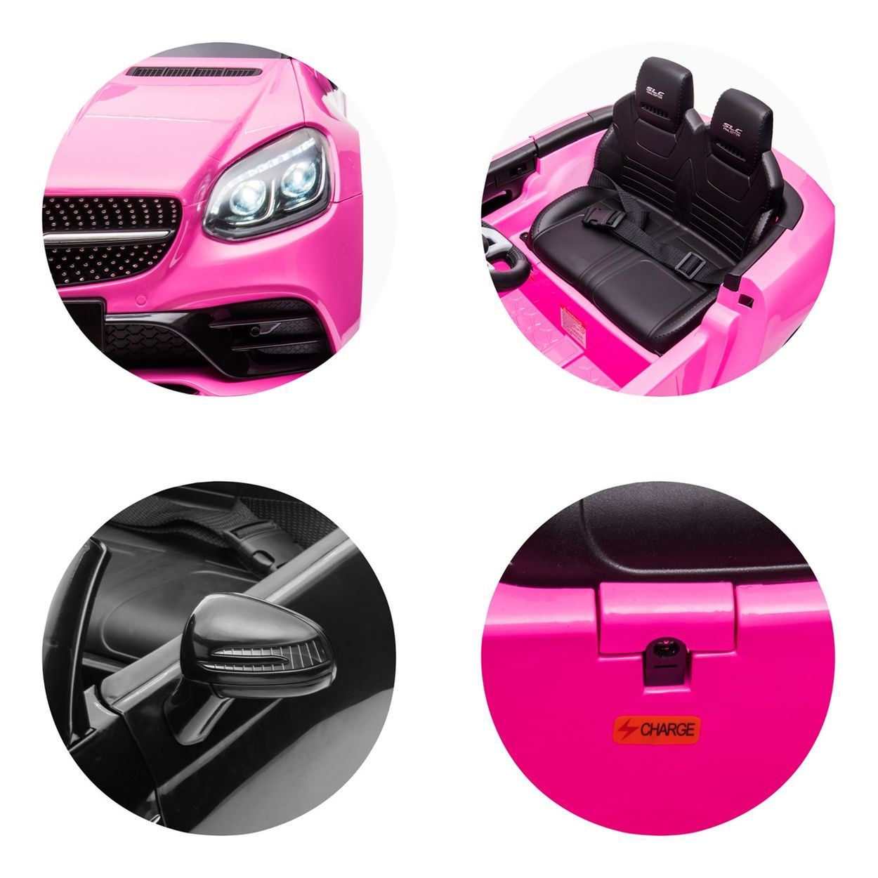 Details eines pinkfarbenen Spielzeugautos: Scheinwerfer, Sitze, Seitenspiegel und Ladeanschluss. Schwarze Details kontrastieren das Pink.