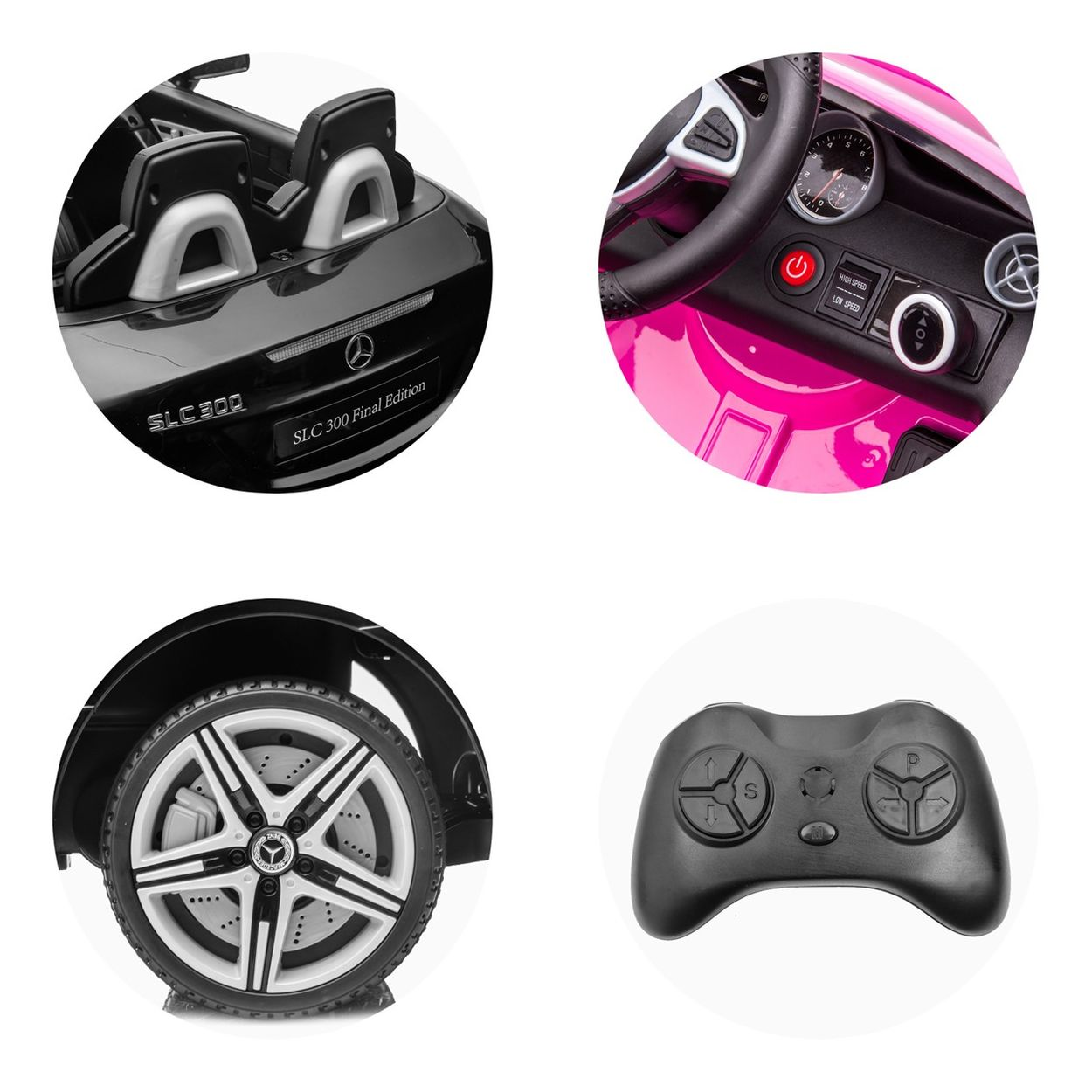 Ein Spielzeugauto mit schwarzen und rosa Details, mit Lenkrad, Sitzen, Rädern und Fernbedienung.
