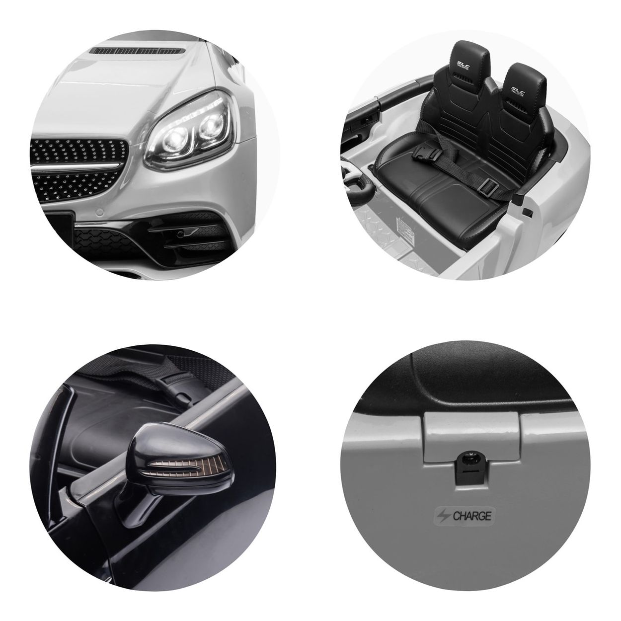 Ein Spielzeugauto mit Details der Scheinwerfer, Innensitze, Seitenspiegel und Ladeanschluss.