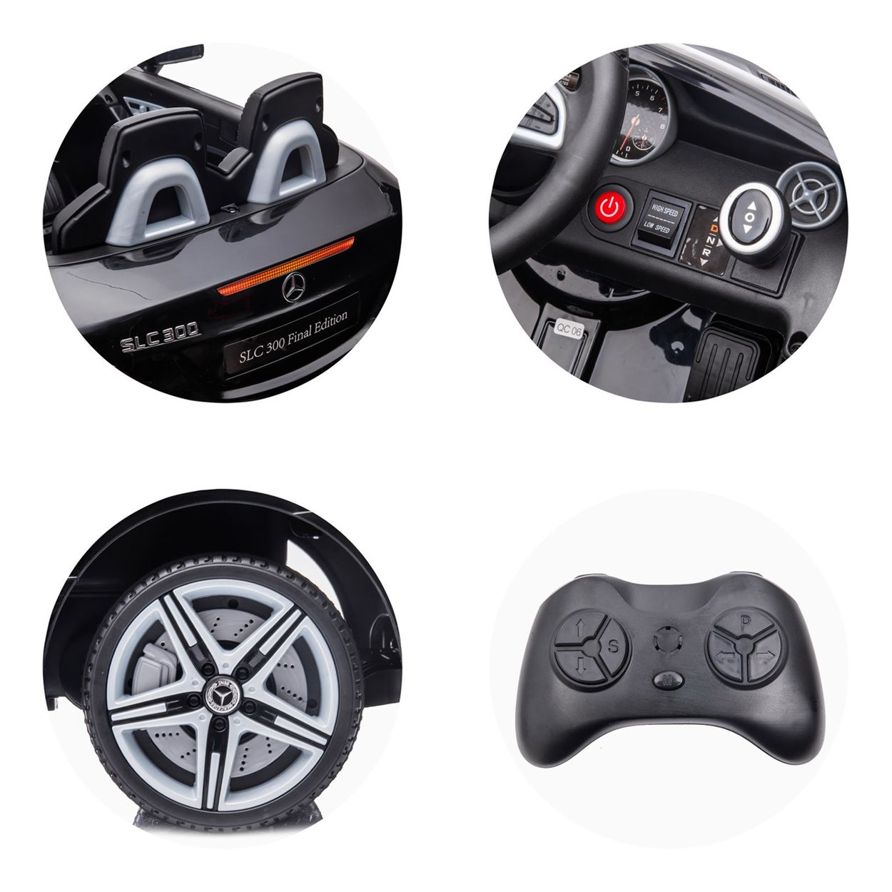 Ein schwarzes Spielzeugauto, Mercedes-Benz SLC 300 Final Edition, mit weißen und silbernen Rädern und einer Fernbedienung.