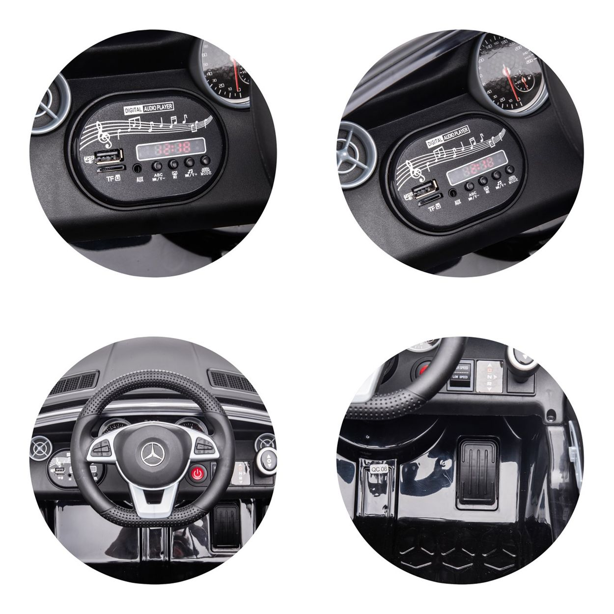 Nahaufnahmen des schwarzen Innenraums eines Spielzeugautos. Enthält Armaturenbrett, Lenkrad und Audioplayer mit digitaler Anzeige 88:88.