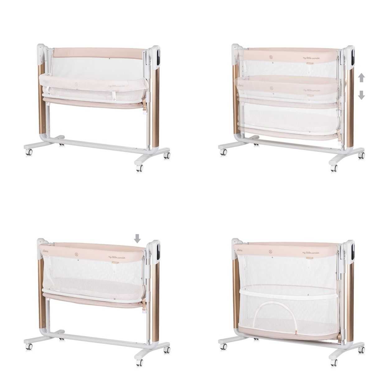 Vier Bilder zeigen ein Babybett in verschiedenen Positionen. Das Bett hat eine beige Matratze und eine weiße Netzseite. Es steht auf Rädern.